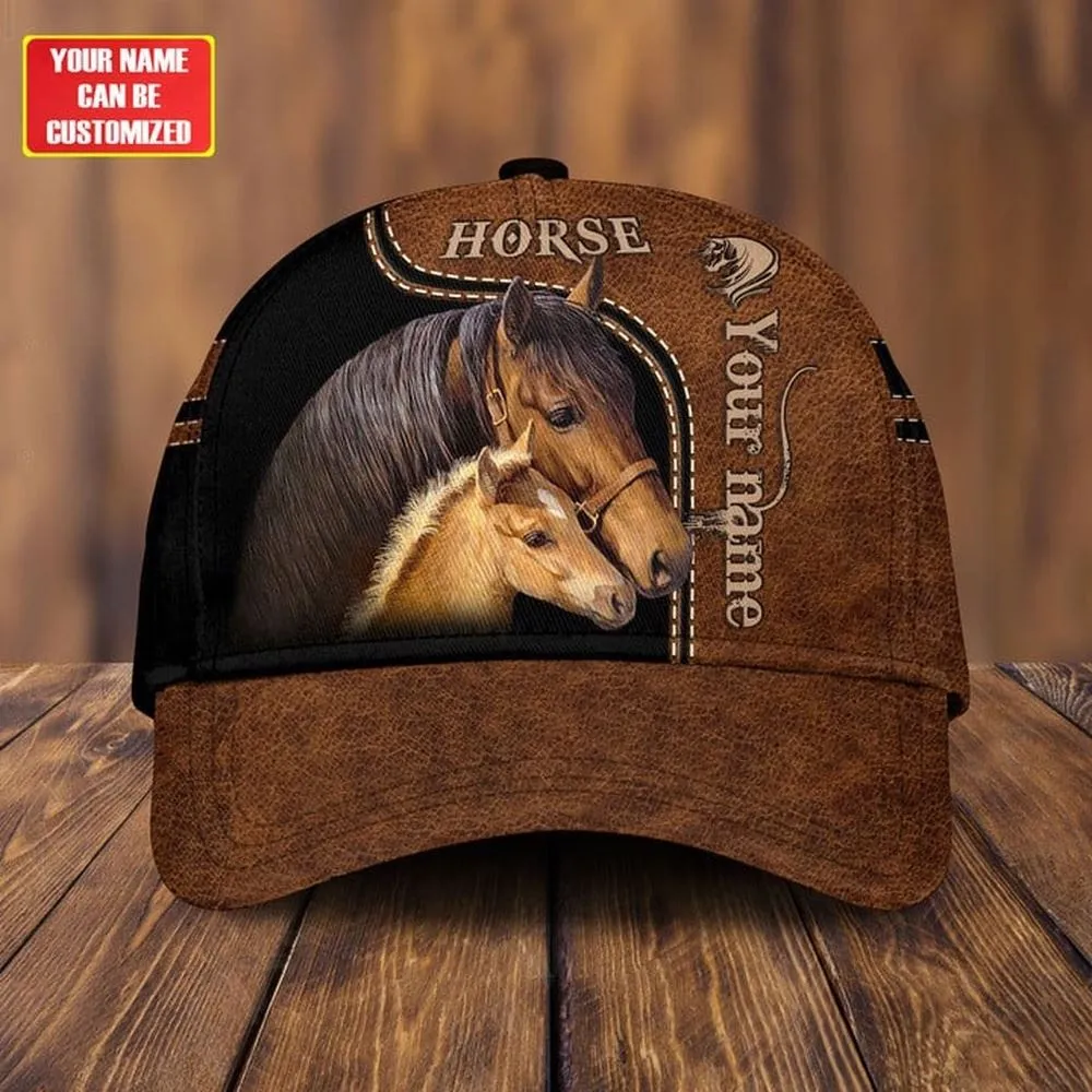 2 Brown Horses Leather Pattern Customized Name Cap, Farm Cap, Farmer Baseball Cap, Cow Cap, Cow Gift, Farm Animal Hat