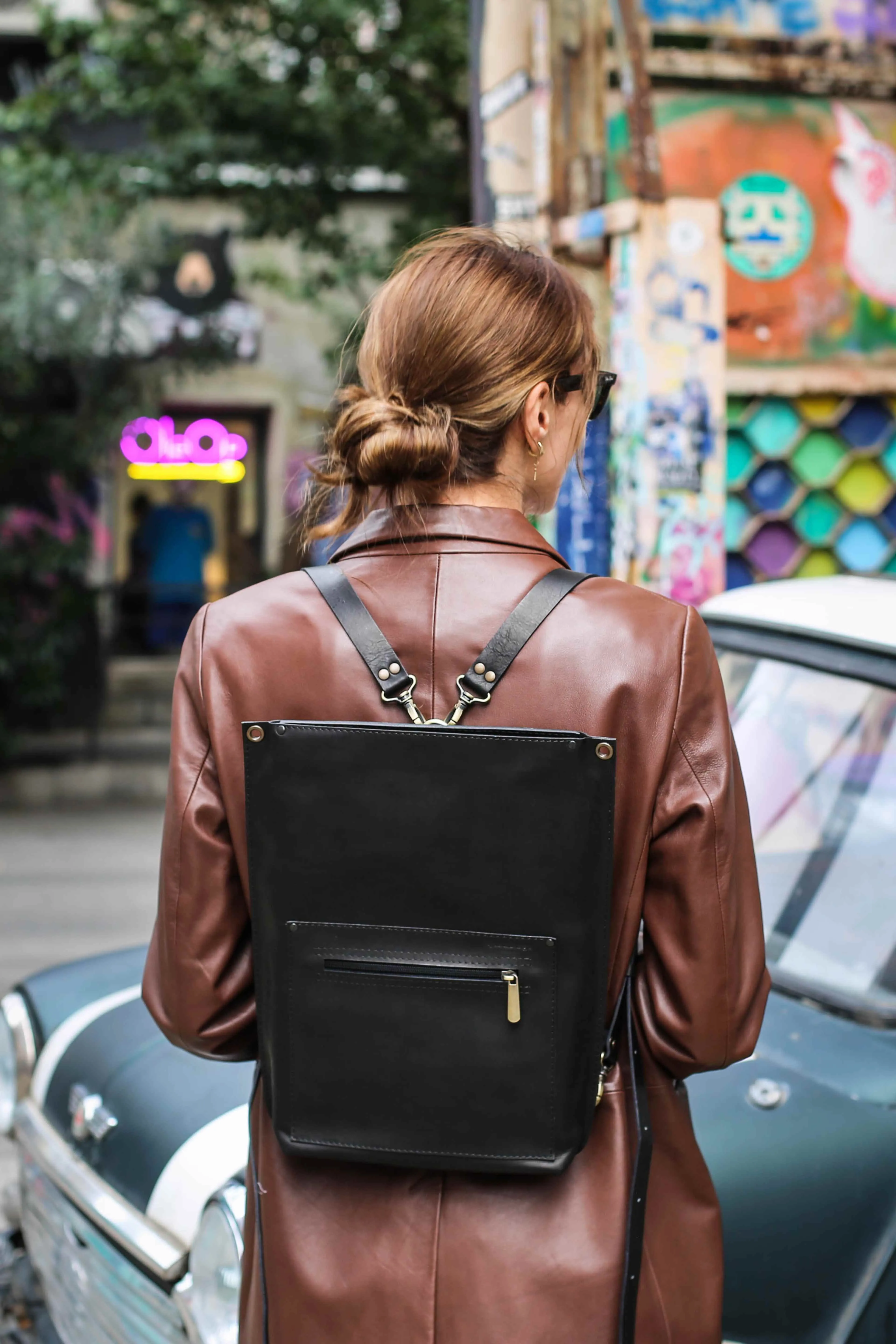 Black Leather Zipper Backpack