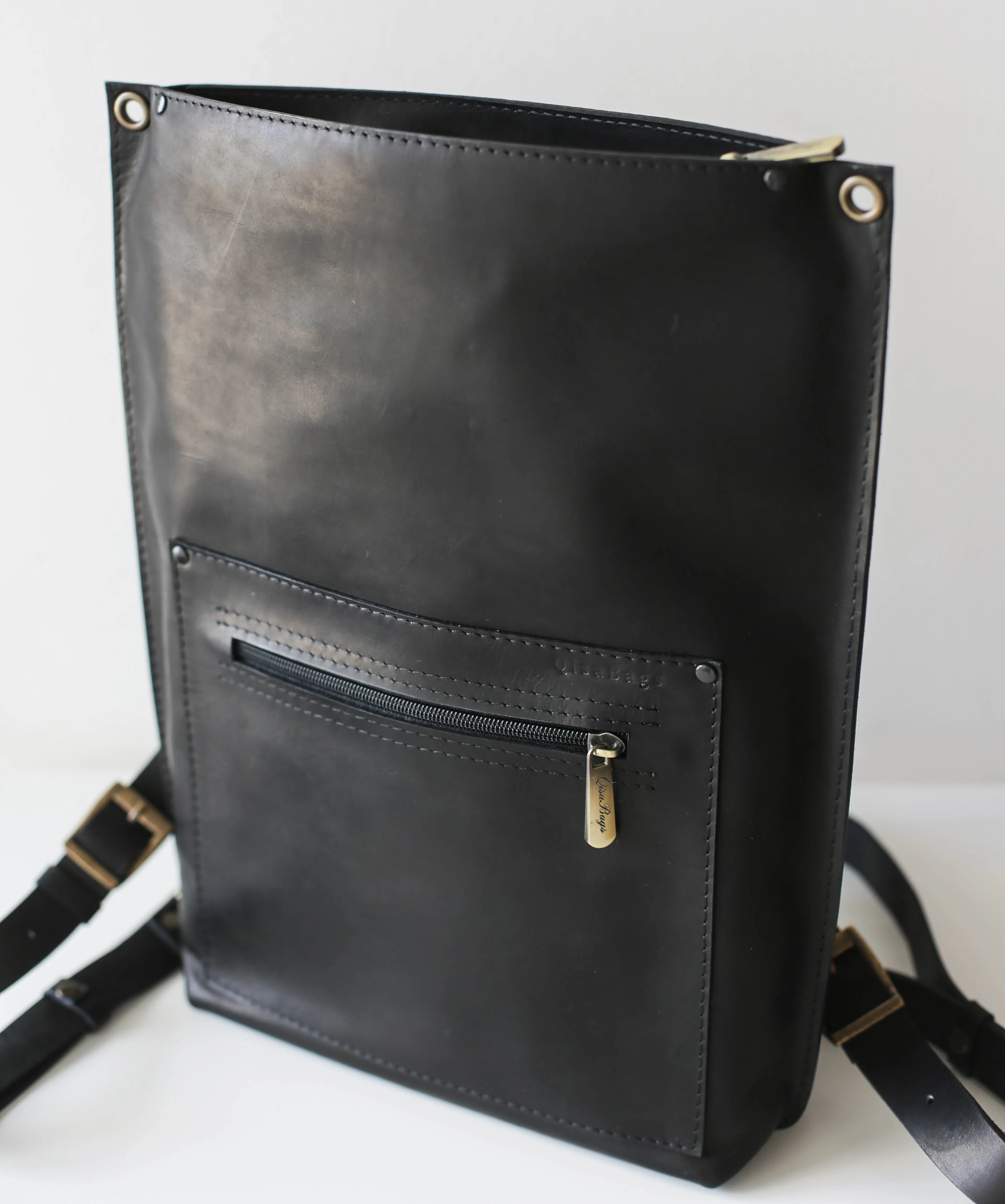 Black Leather Zipper Backpack