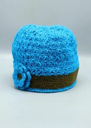 Blue Border Flower Attached beige Warm & Soft Crocheted Woolen Beanie