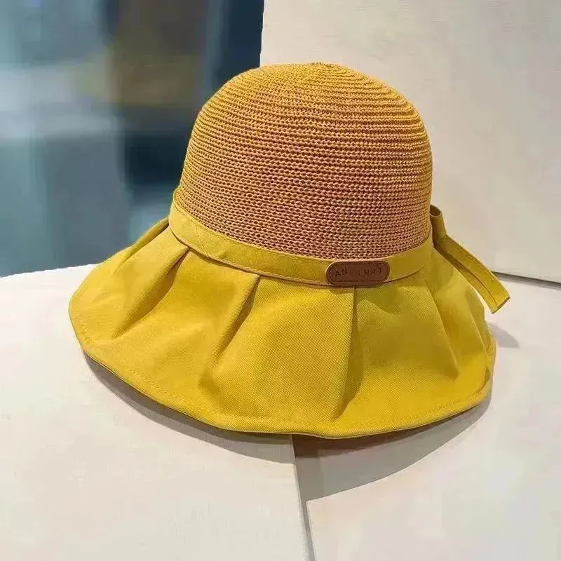 Bow Fisherman Hat Summer Straw Sunhat With Large Brim Anti-UV Sunshade And Face Protection Hat Outdoor