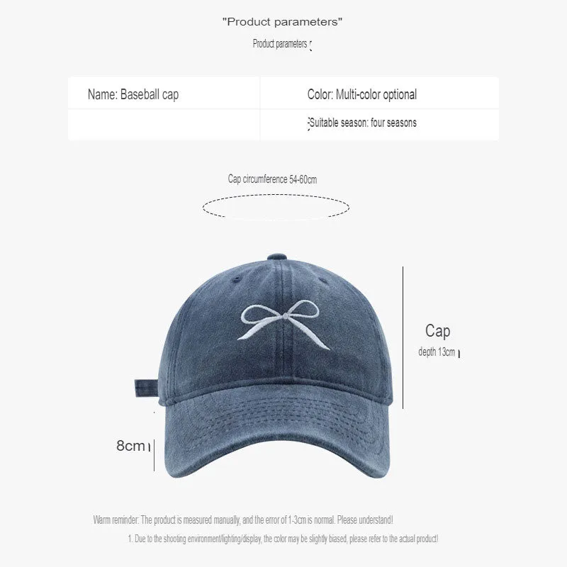 Bow soft-top sunshade baseball cap for women spring and summer Internet celebrity retro washed peaked cap student versatile sun protection hat