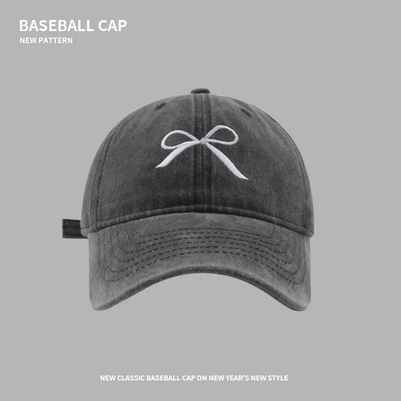 Bow soft-top sunshade baseball cap for women spring and summer Internet celebrity retro washed peaked cap student versatile sun protection hat