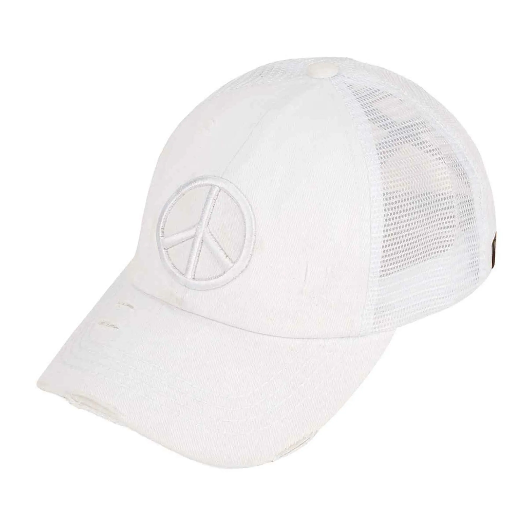 BT1017 Distressed Embroidered Peace Sign Cross Cross High Pony Baseball Cap