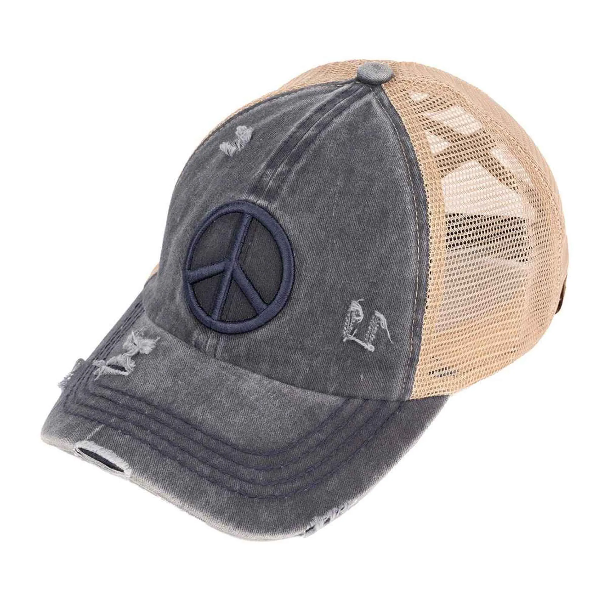 BT1017 Distressed Embroidered Peace Sign Cross Cross High Pony Baseball Cap