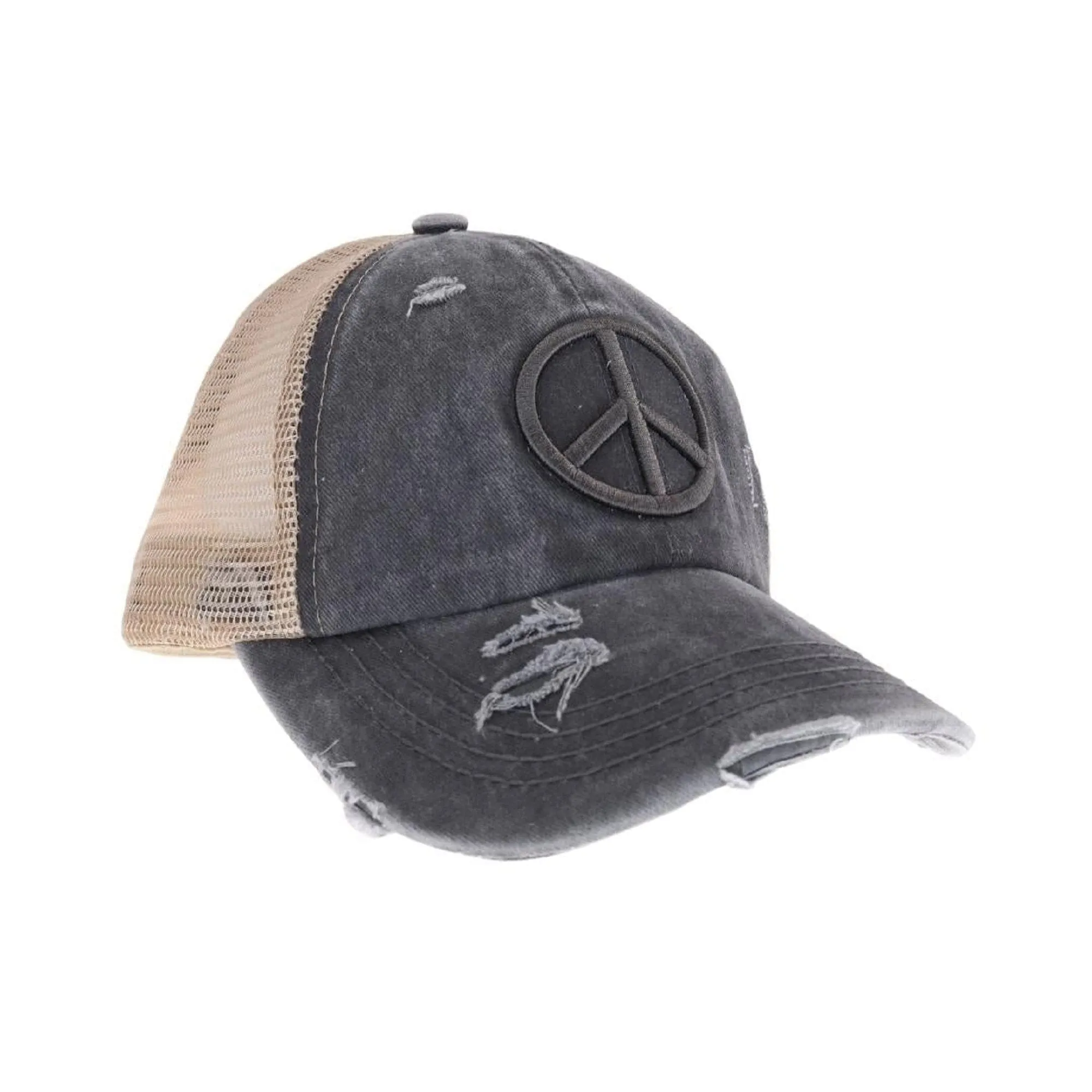 BT1017 Distressed Embroidered Peace Sign Cross Cross High Pony Baseball Cap