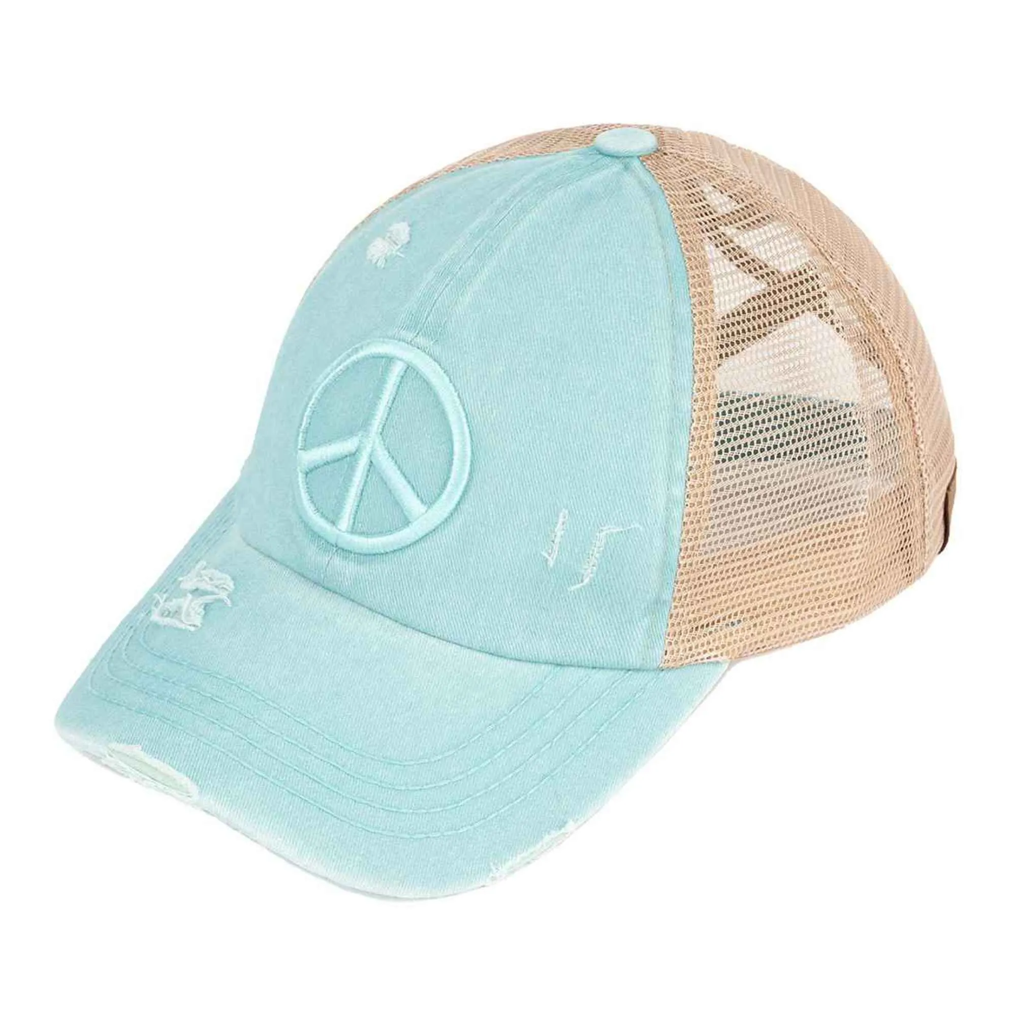 BT1017 Distressed Embroidered Peace Sign Cross Cross High Pony Baseball Cap