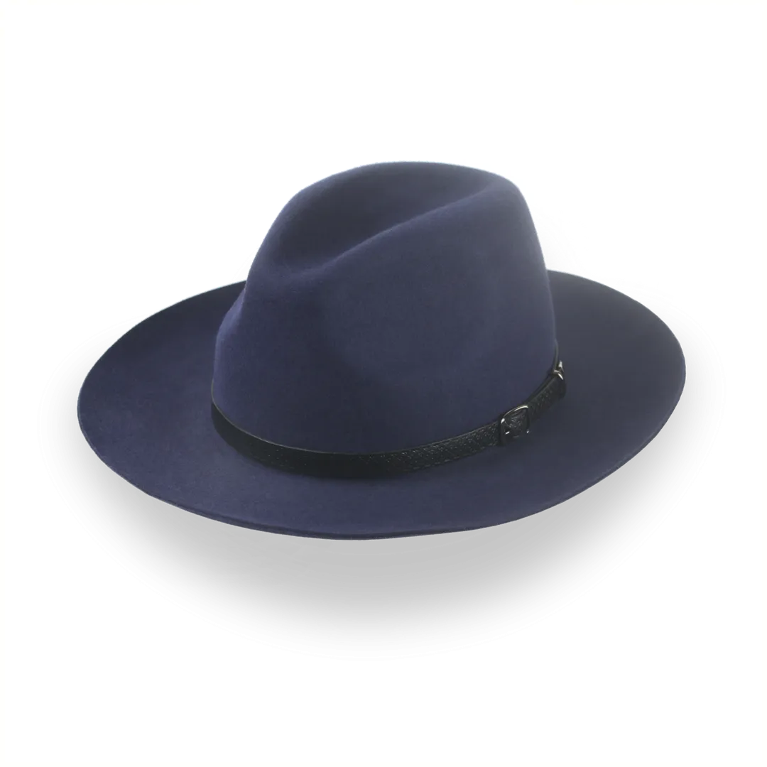 Dark Blue Outback Fur Felt Fedora with Leather Hat Belt | The Rebel