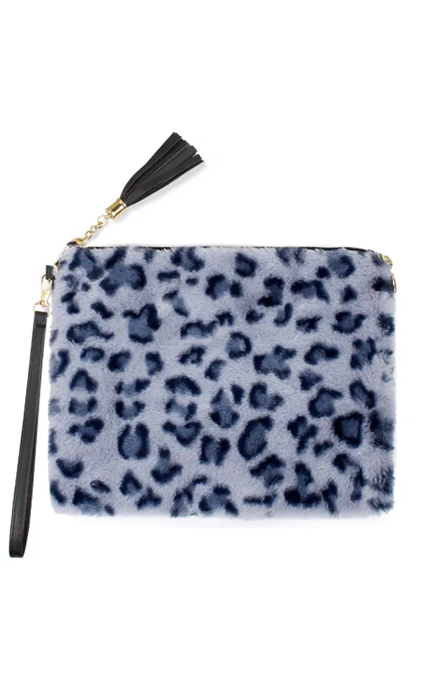 EAB9564 Grey Leopard Fur Crossbody Clutch Bag