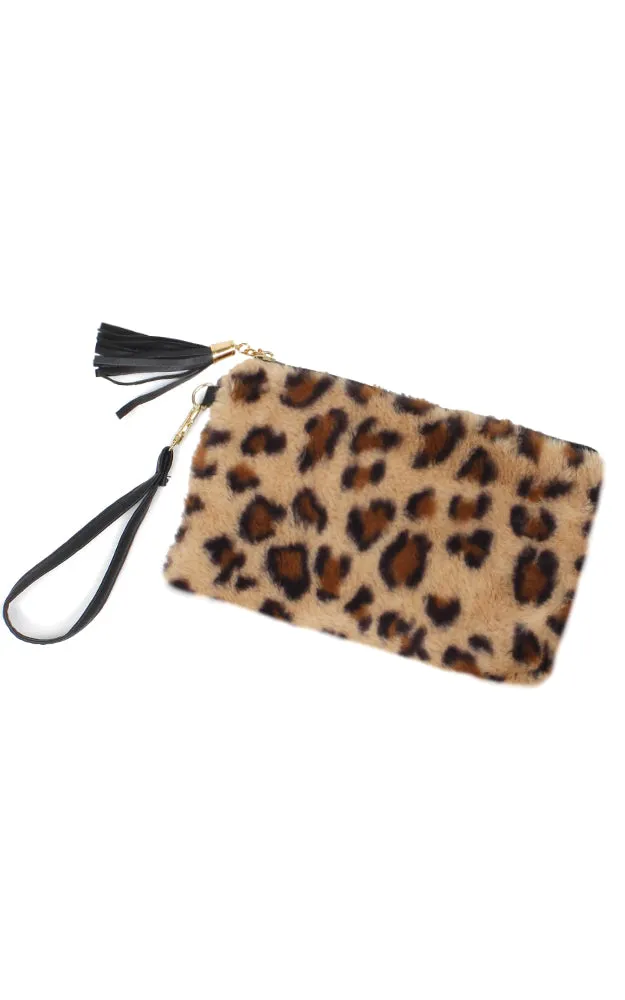 EAB9564 Taupe Leopard Fur Crossbody Clutch Bag