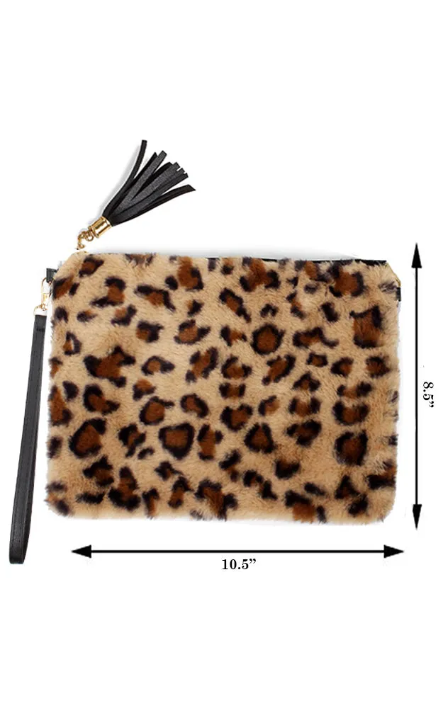 EAB9564 Taupe Leopard Fur Crossbody Clutch Bag