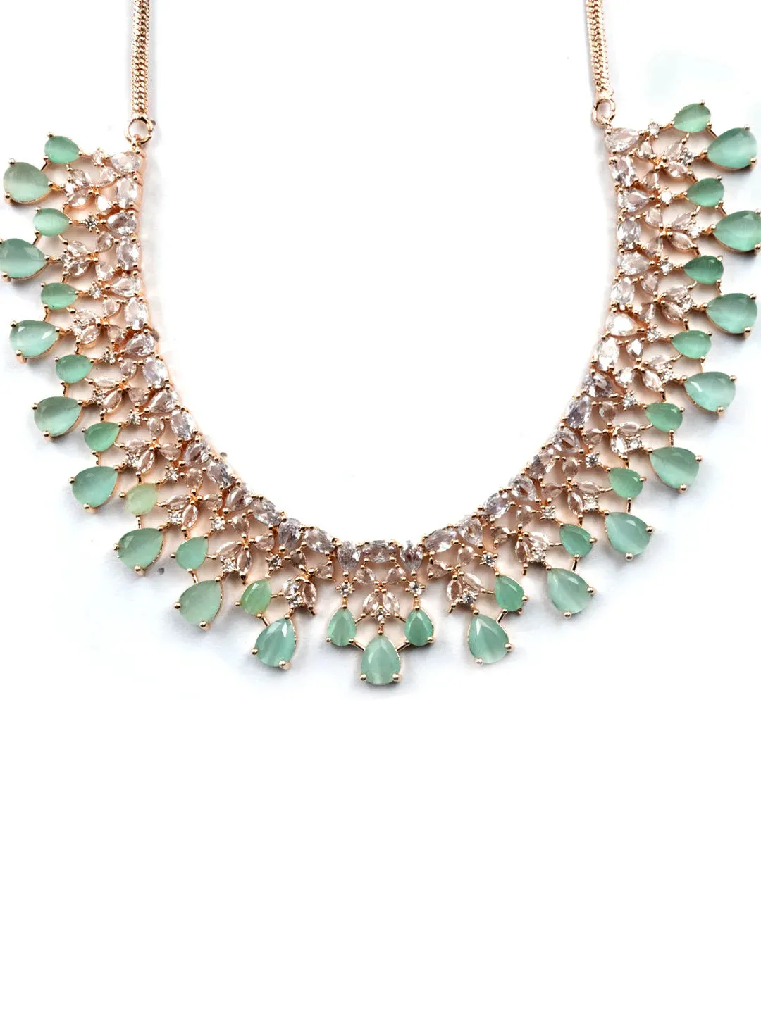 Elegant Rose Gold Plated Turquoise Cubic Zirconia Party Wear Handcrafted Necklace Set