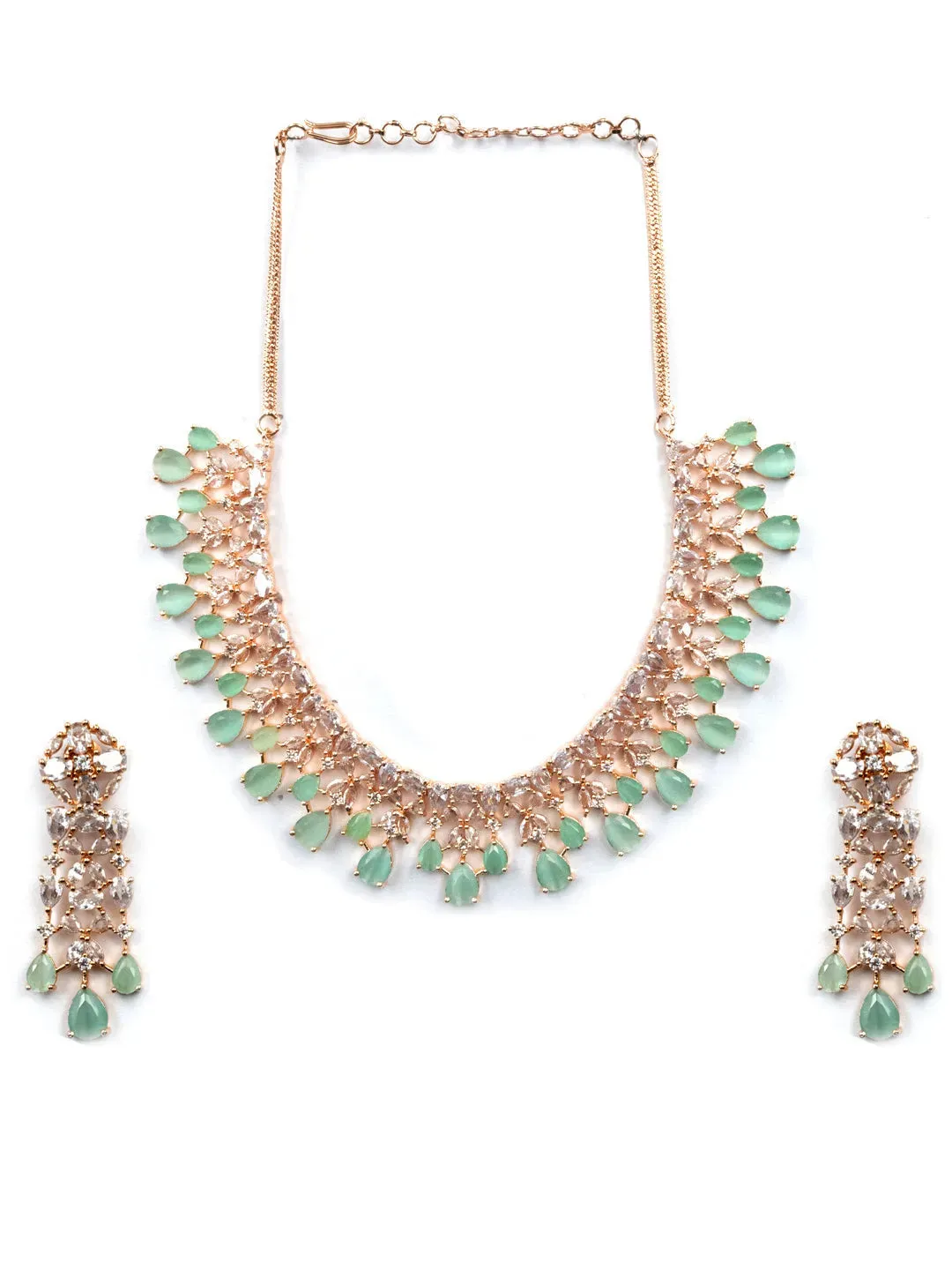 Elegant Rose Gold Plated Turquoise Cubic Zirconia Party Wear Handcrafted Necklace Set