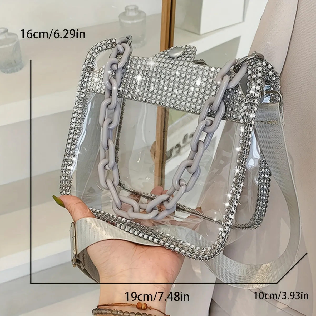 Elegant Square Transparent Handbag with Rhinestone Sparkle, Secure Buckle Closure, & Durable PVC & Acrylic Strap