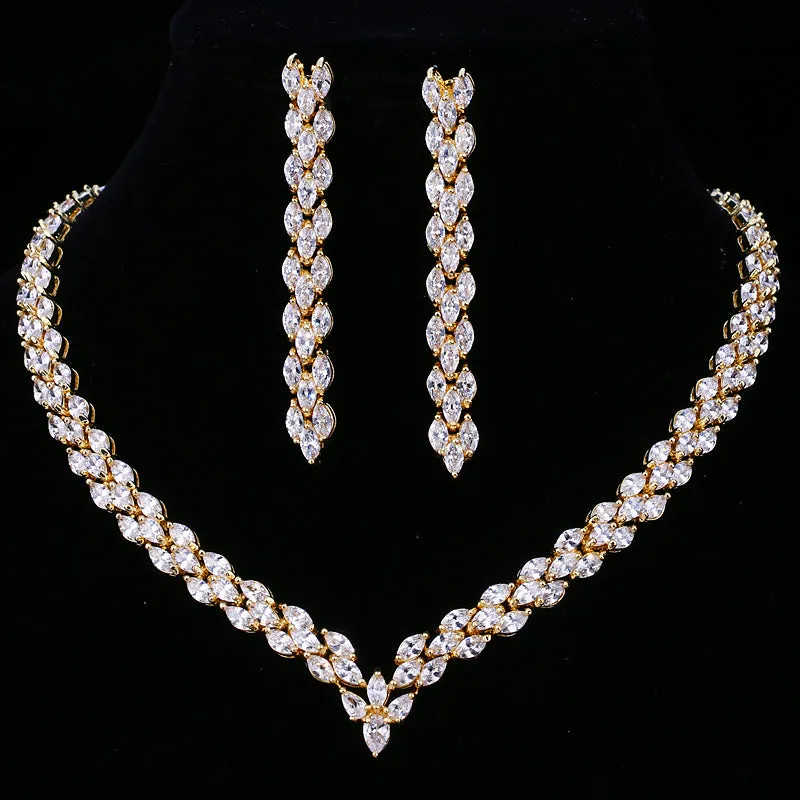 Exquisite Cubic Zirconia Wedding Party Jewelry Gold Color CZ Bridal Necklace Earring Set