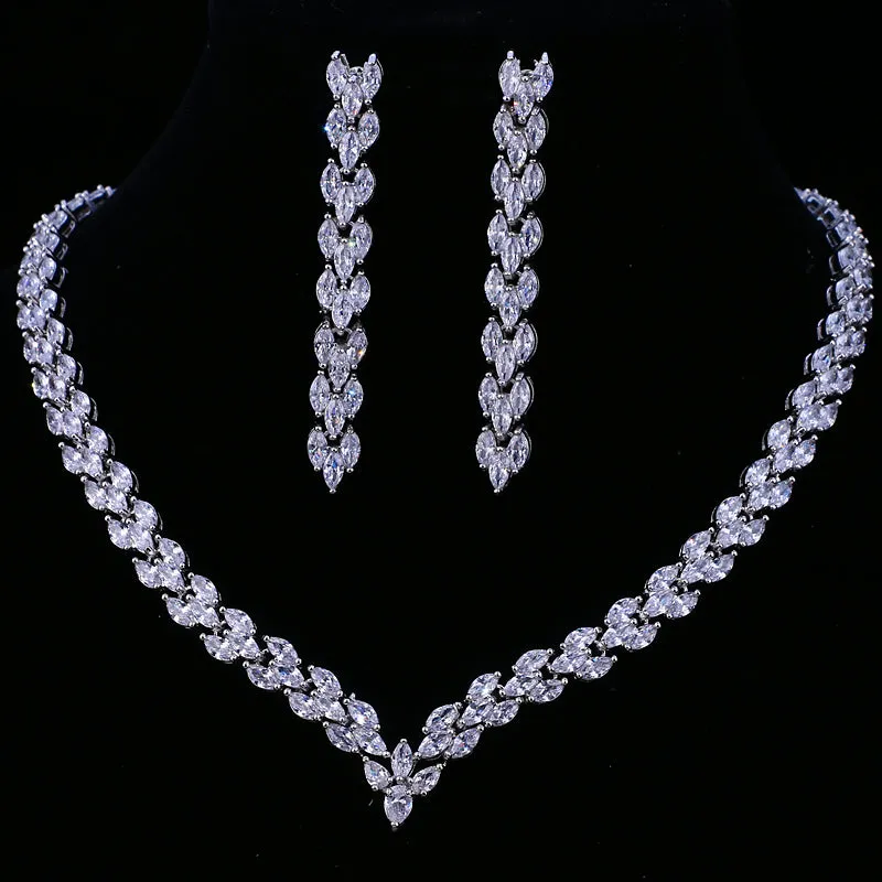 Exquisite Cubic Zirconia Wedding Party Jewelry Gold Color CZ Bridal Necklace Earring Set