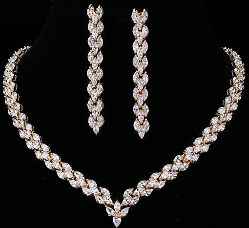 Exquisite Cubic Zirconia Wedding Party Jewelry Gold Color CZ Bridal Necklace Earring Set