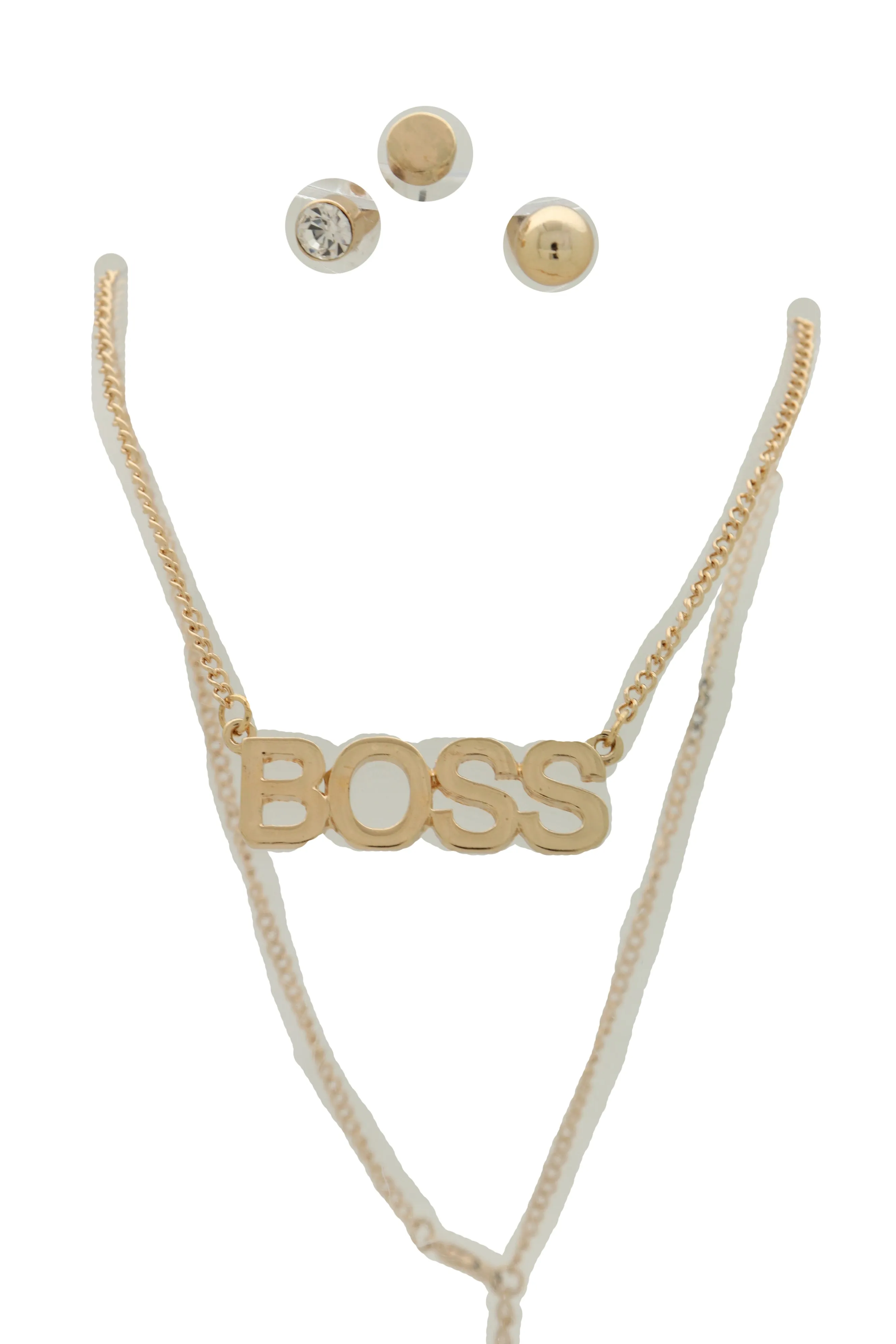 Fashion Necklace Gold Metal Chain BOSS Pendant   Set 3 Different Earring