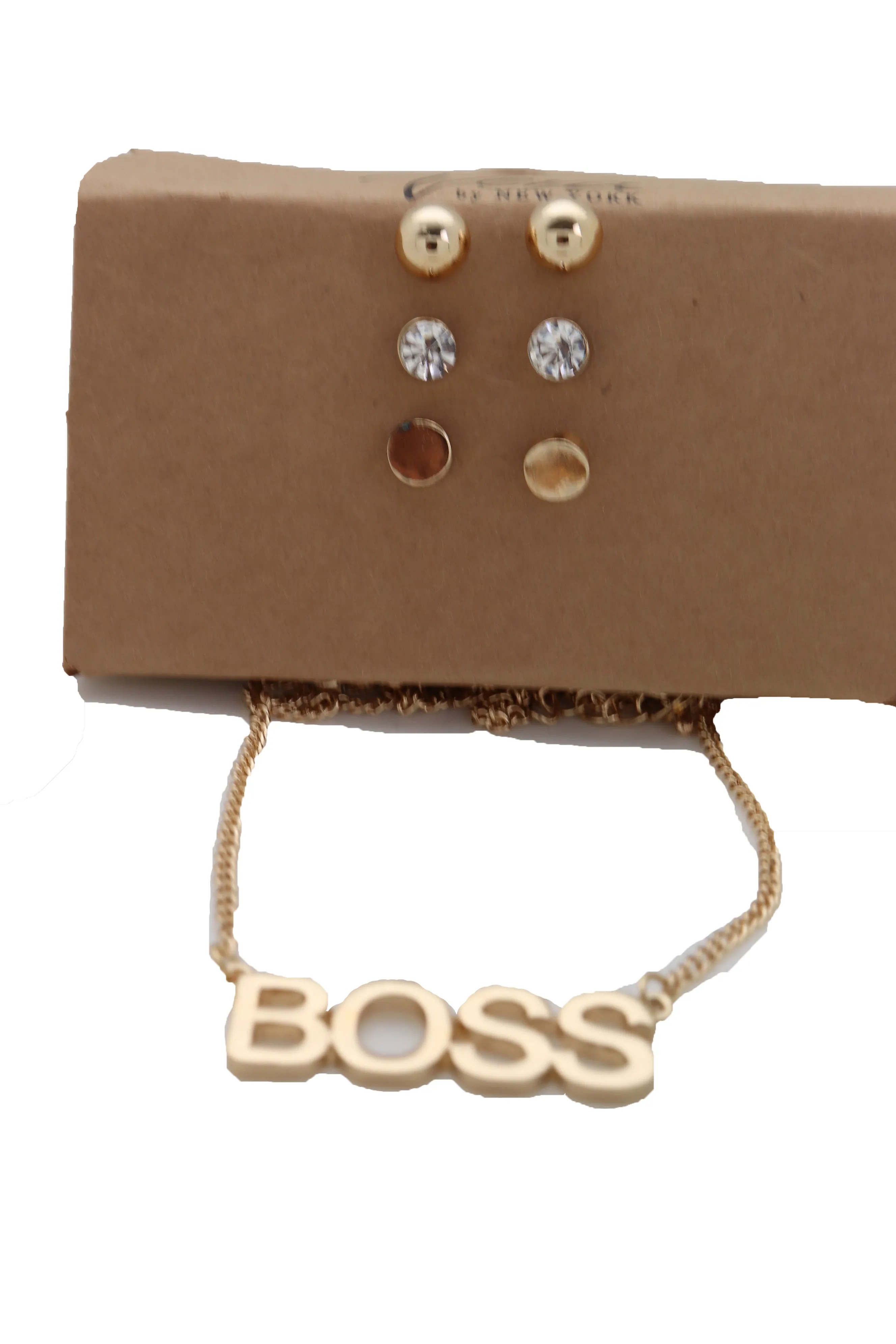 Fashion Necklace Gold Metal Chain BOSS Pendant   Set 3 Different Earring