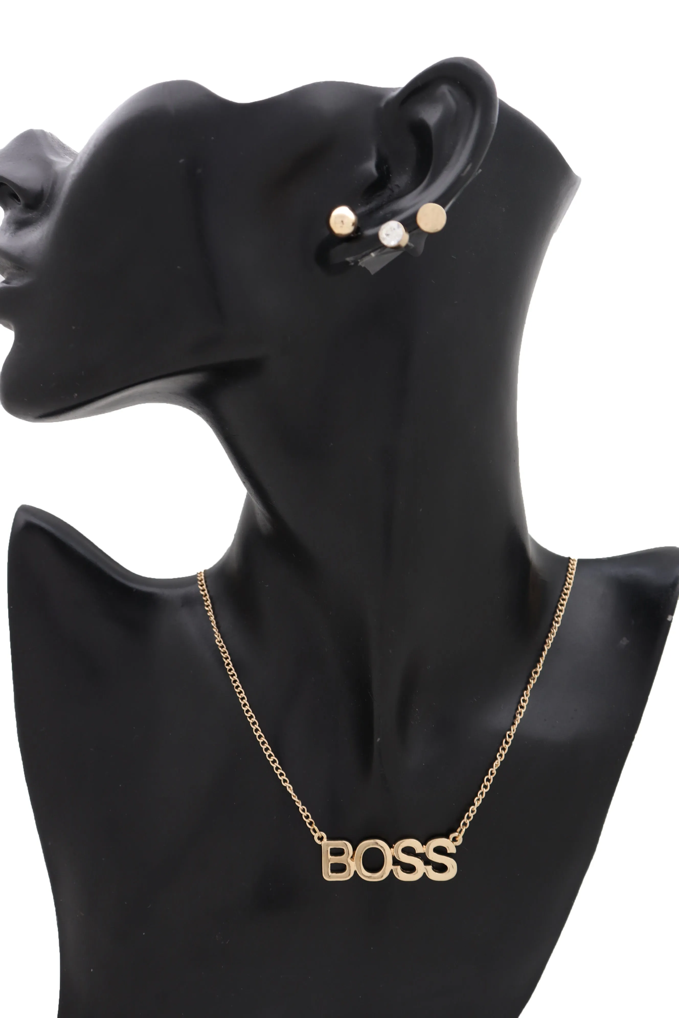 Fashion Necklace Gold Metal Chain BOSS Pendant   Set 3 Different Earring