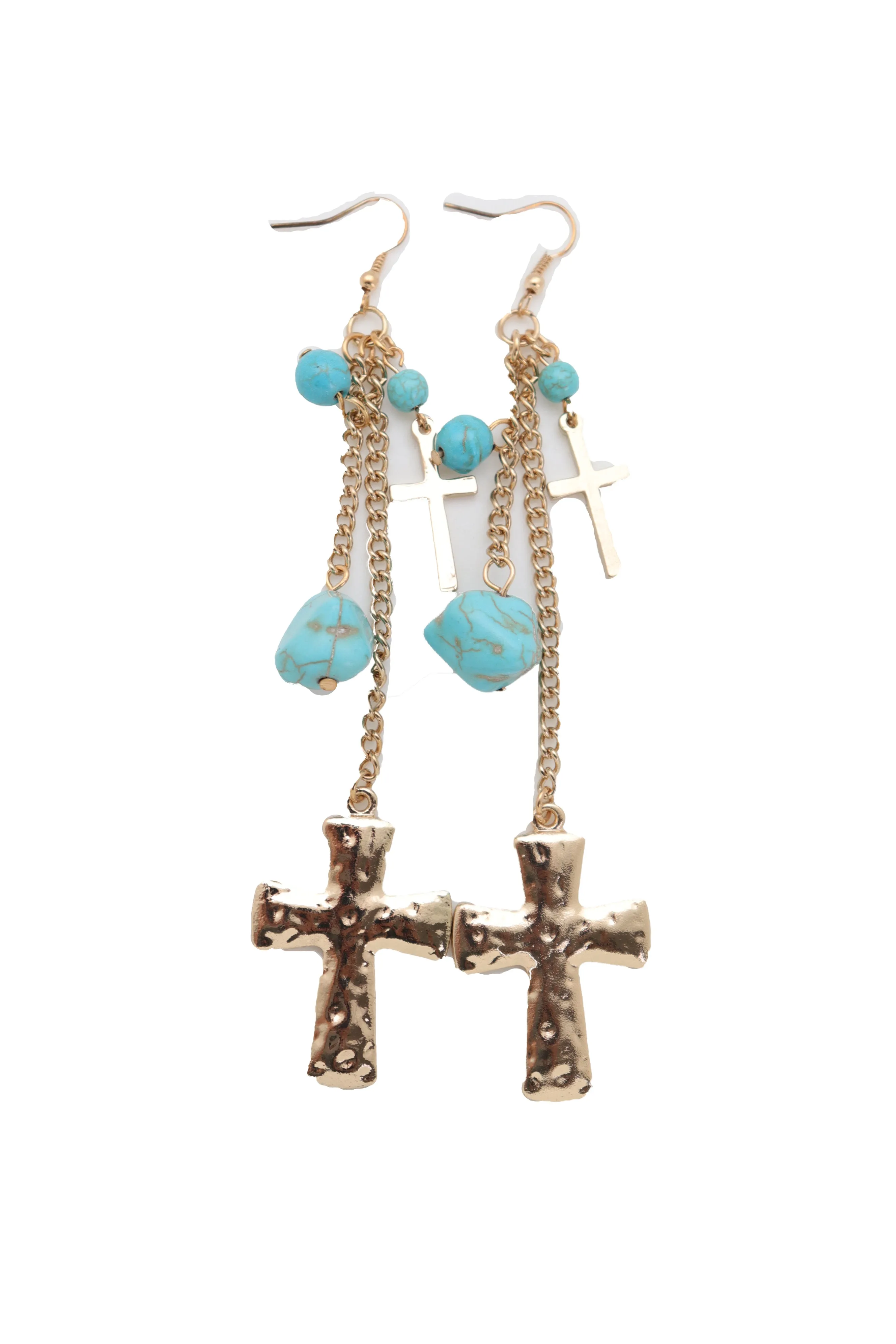 Gold Metal Chain Dangle Earrings Set Cross Turquoise Beads