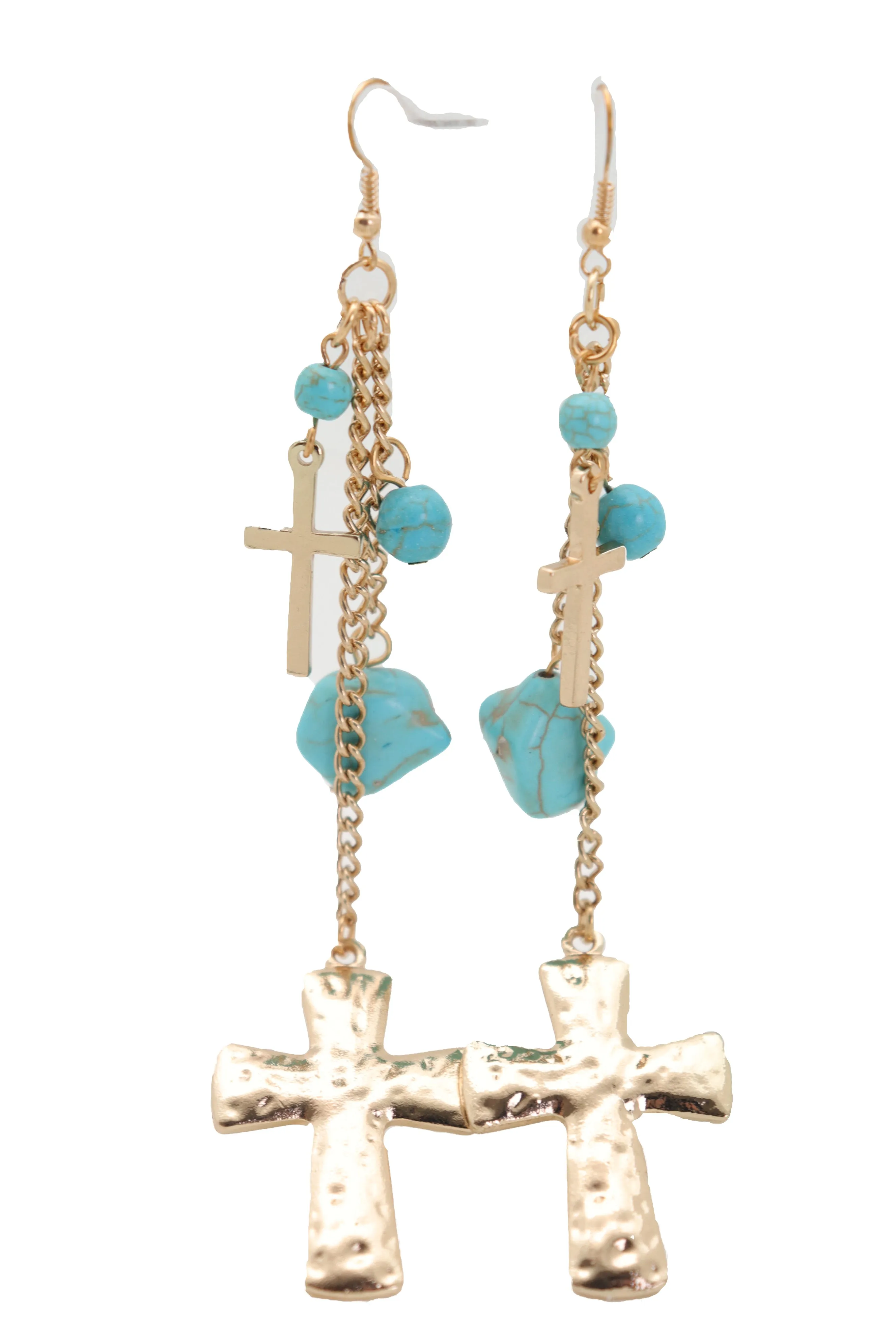 Gold Metal Chain Dangle Earrings Set Cross Turquoise Beads