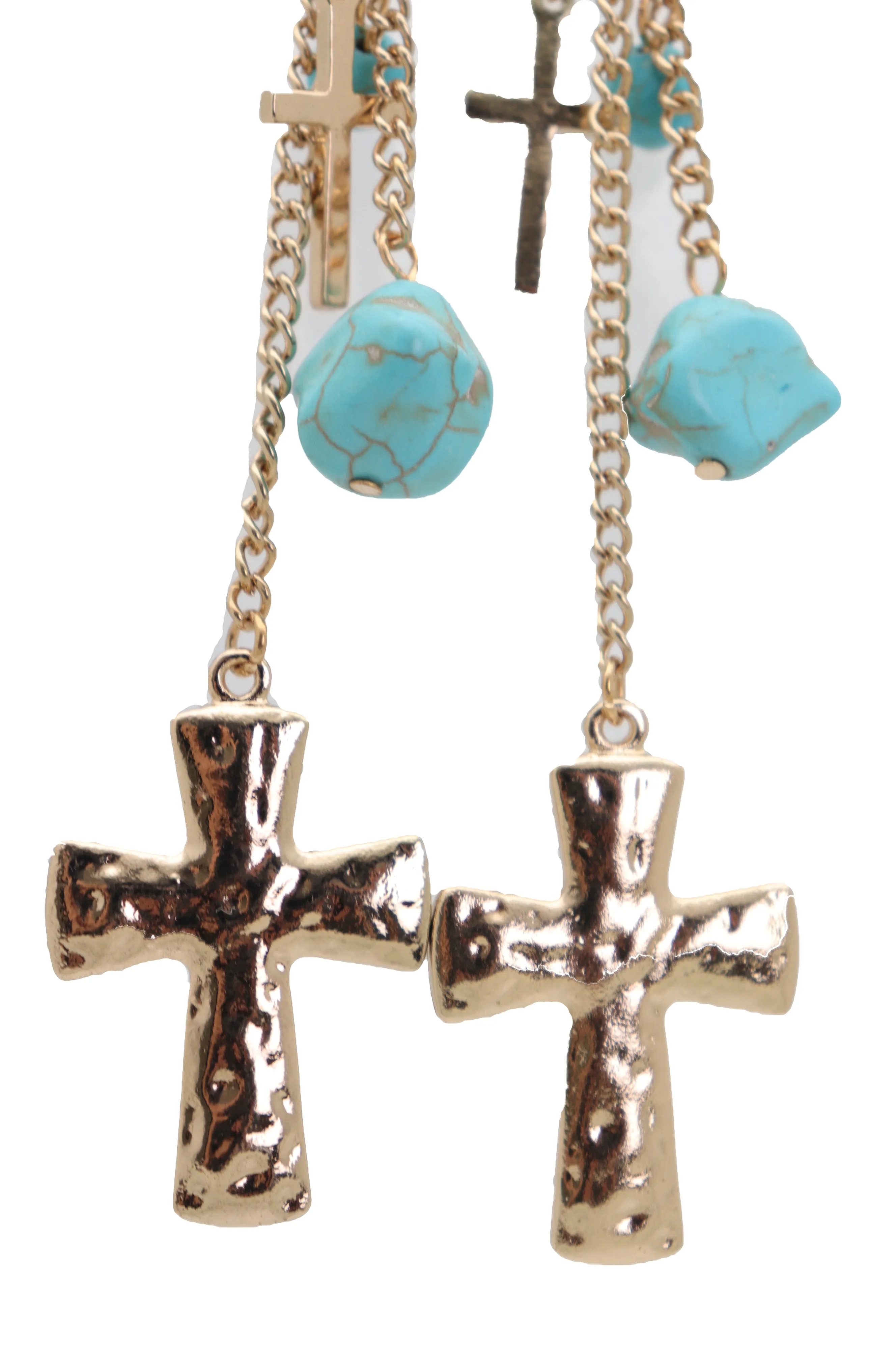 Gold Metal Chain Dangle Earrings Set Cross Turquoise Beads