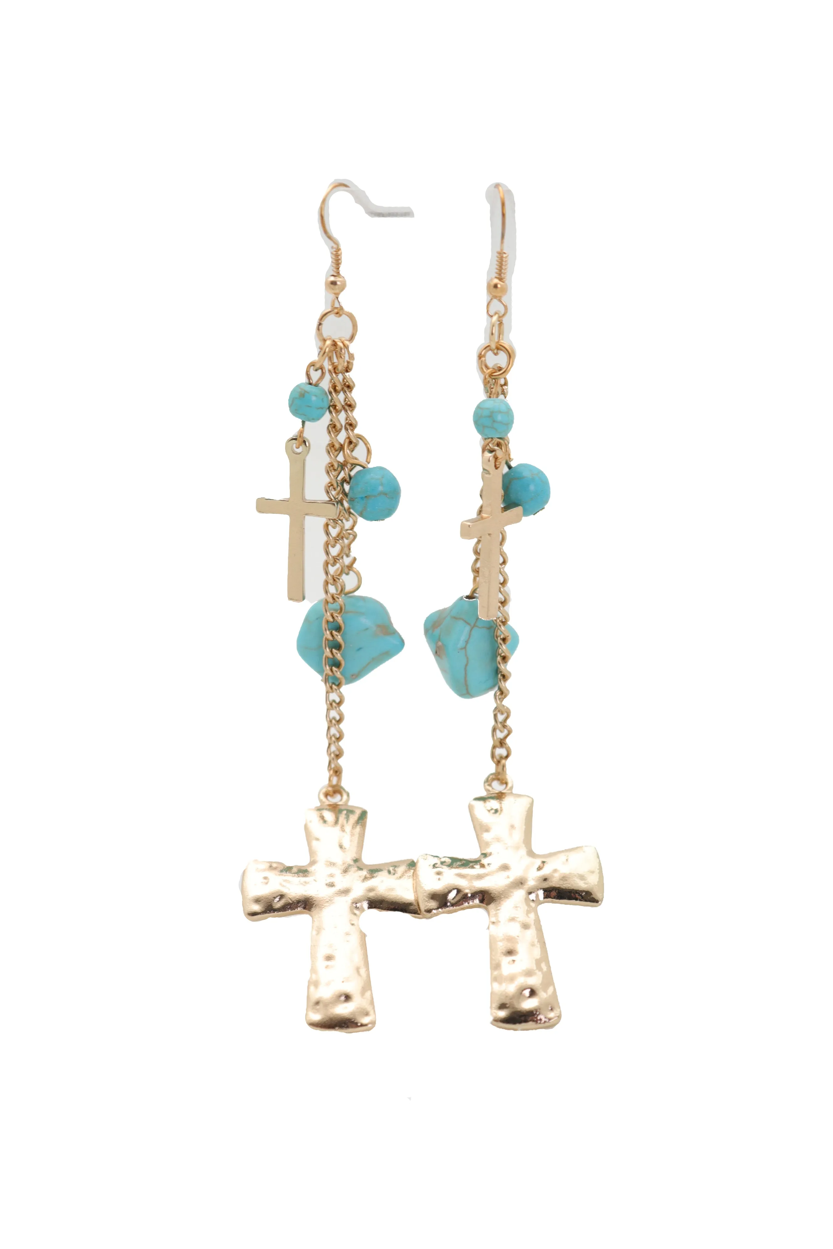 Gold Metal Chain Dangle Earrings Set Cross Turquoise Beads