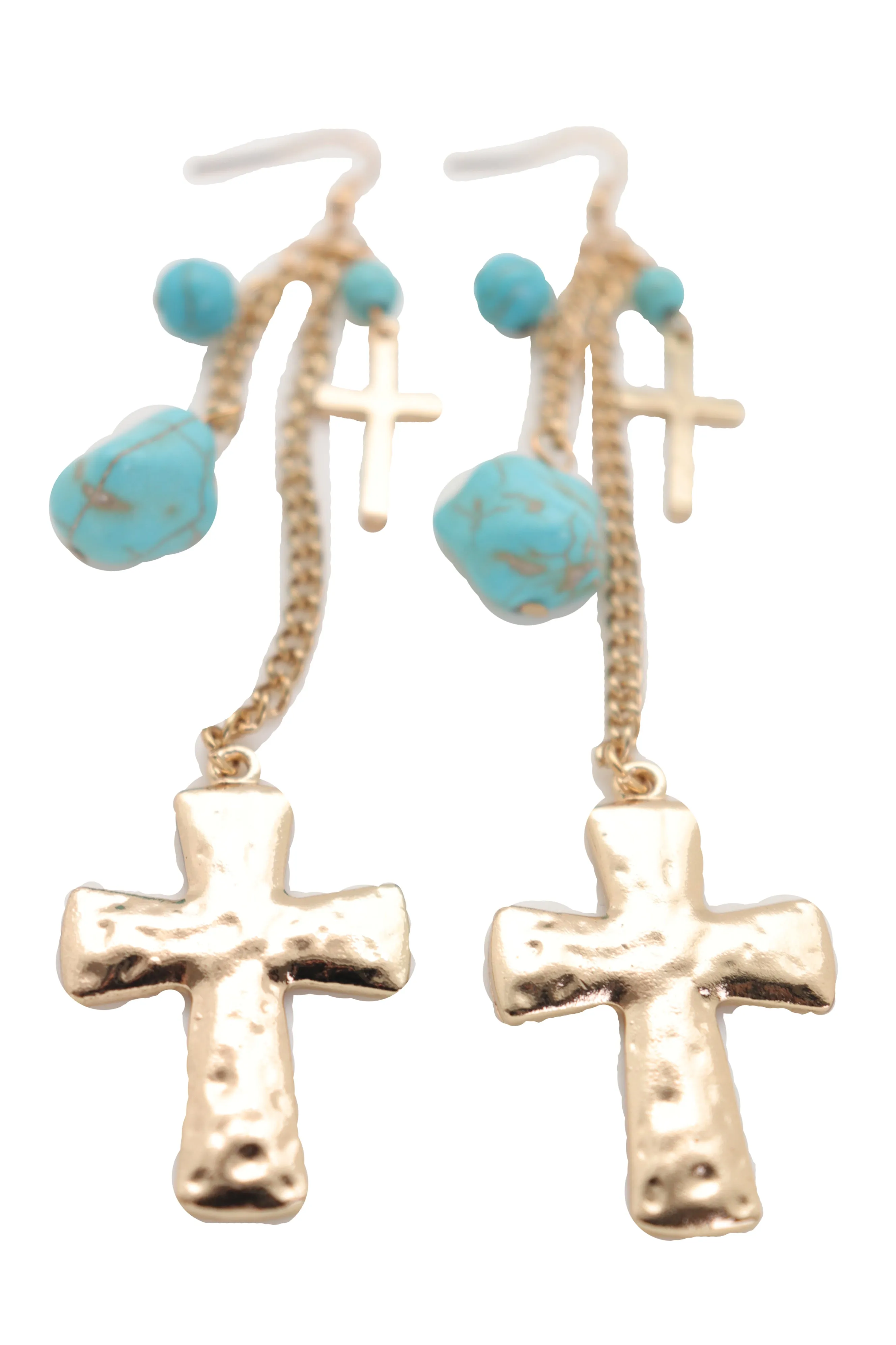 Gold Metal Chain Dangle Earrings Set Cross Turquoise Beads