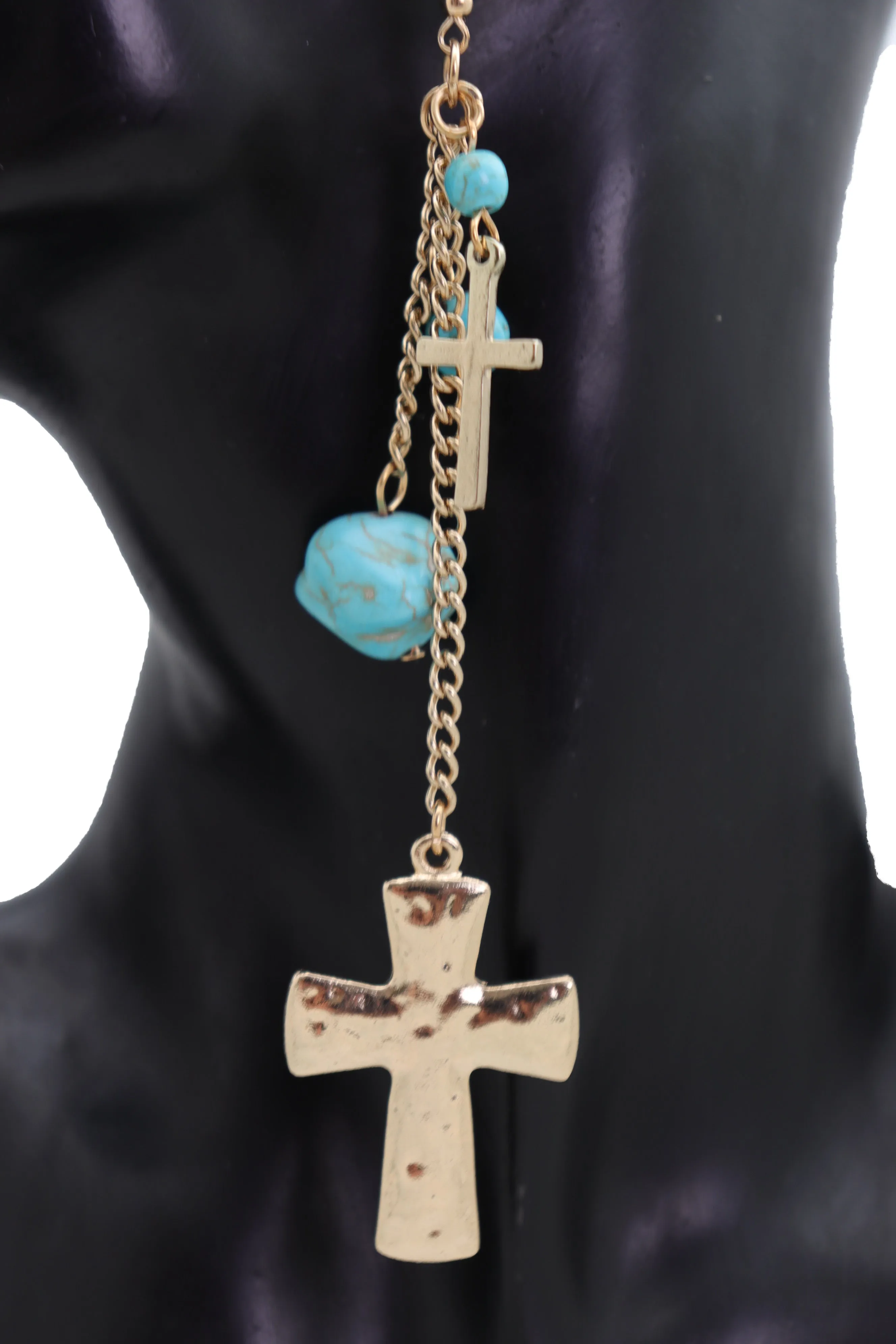 Gold Metal Chain Dangle Earrings Set Cross Turquoise Beads