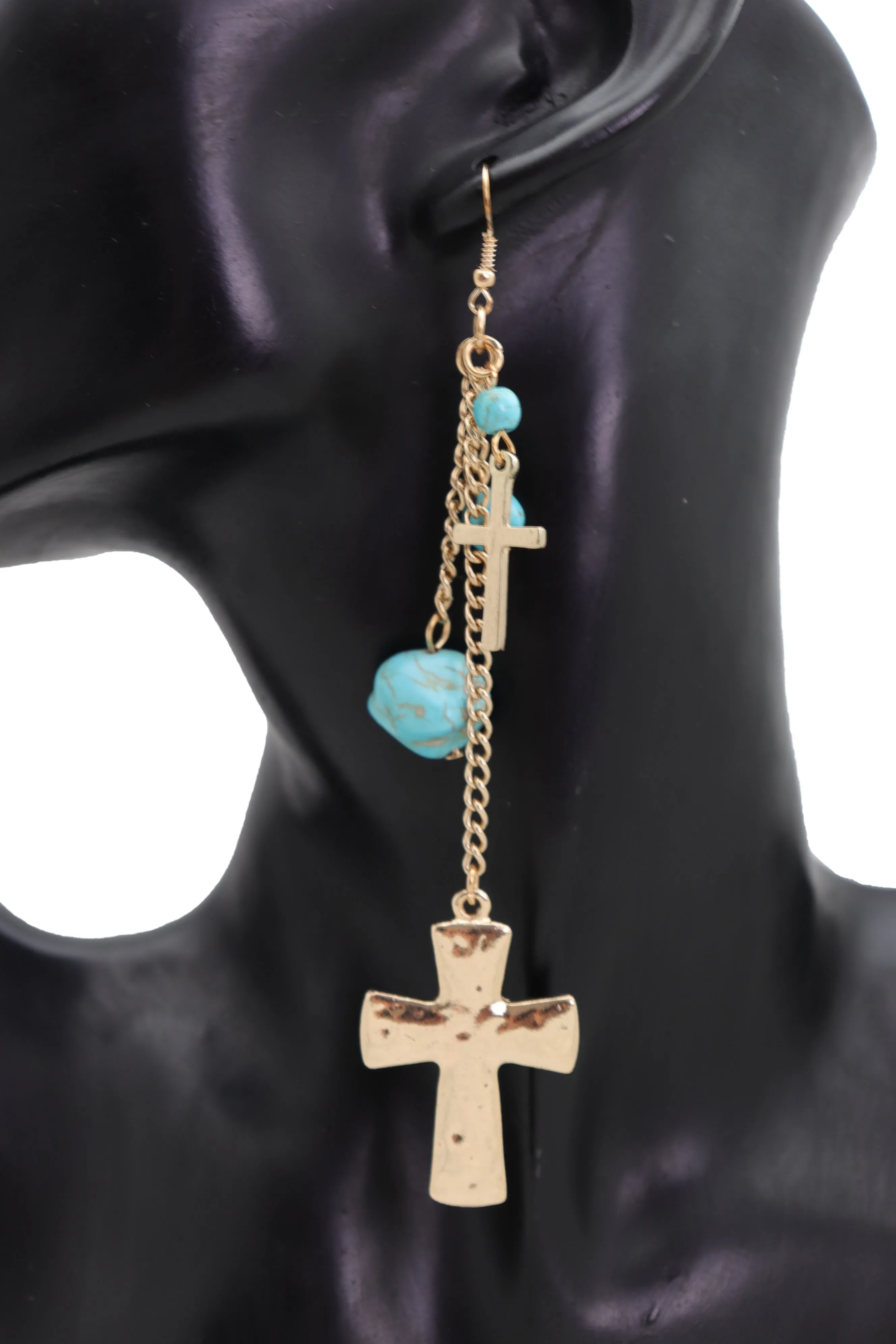 Gold Metal Chain Dangle Earrings Set Cross Turquoise Beads