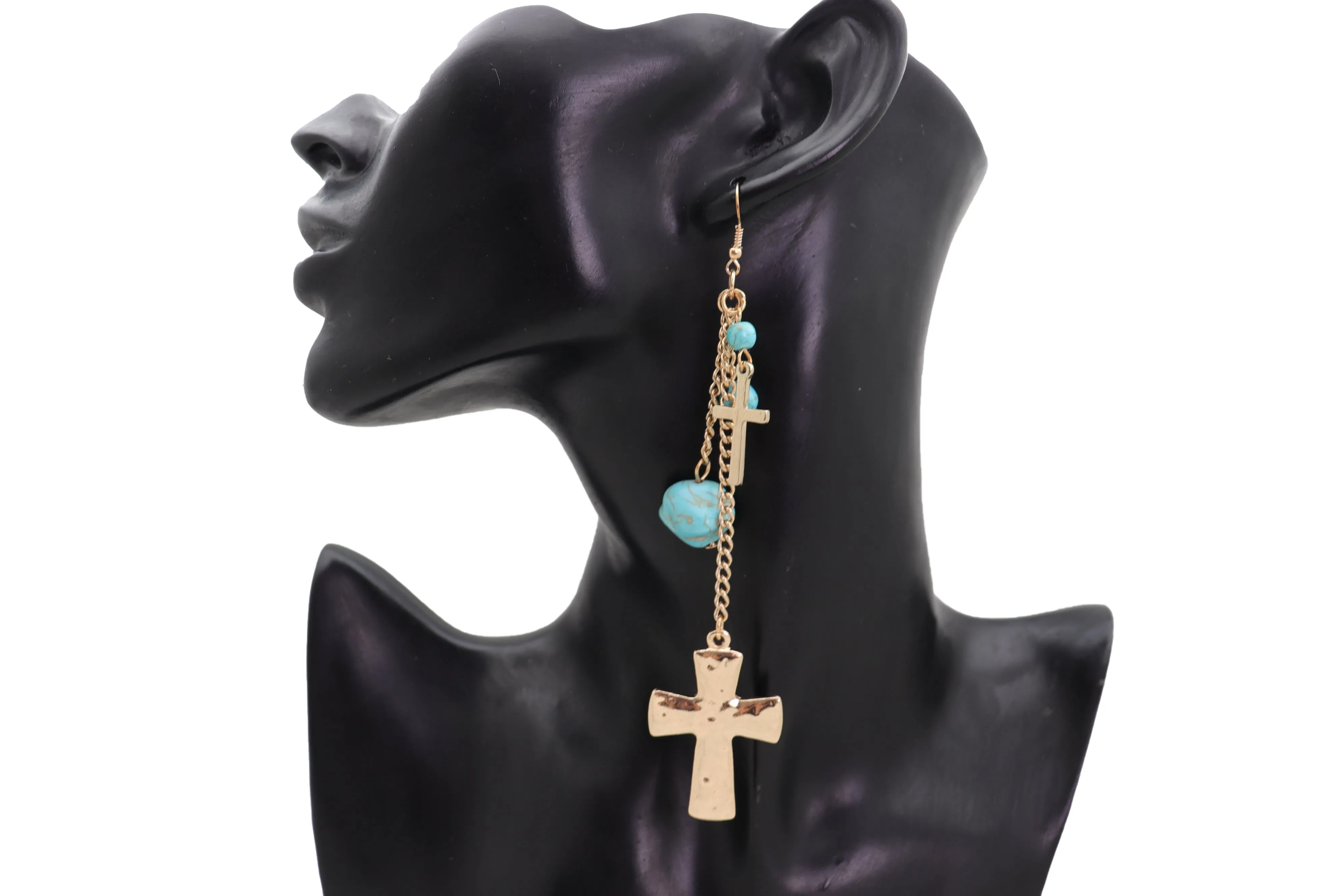 Gold Metal Chain Dangle Earrings Set Cross Turquoise Beads