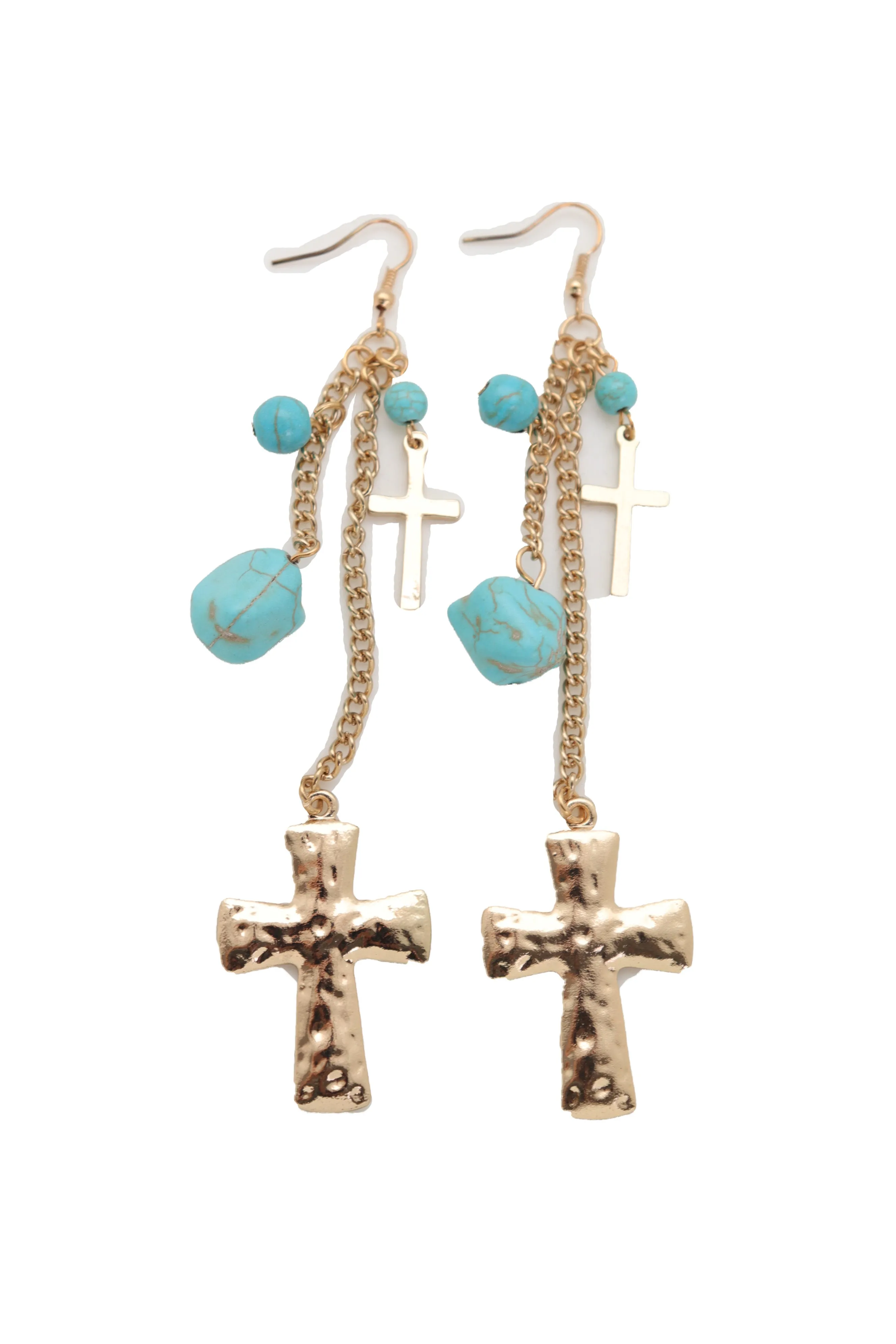 Gold Metal Chain Dangle Earrings Set Cross Turquoise Beads