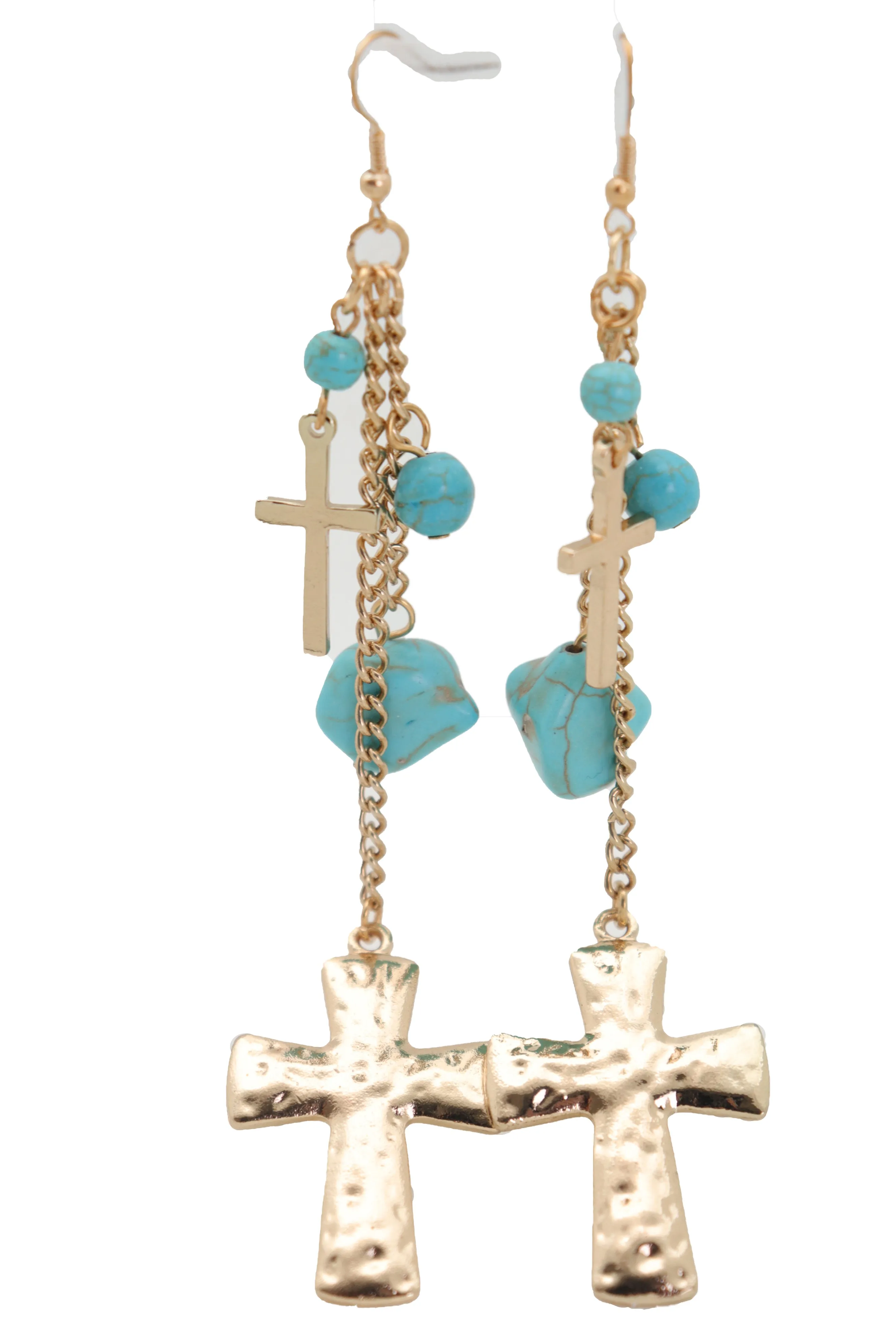 Gold Metal Chain Dangle Earrings Set Cross Turquoise Beads