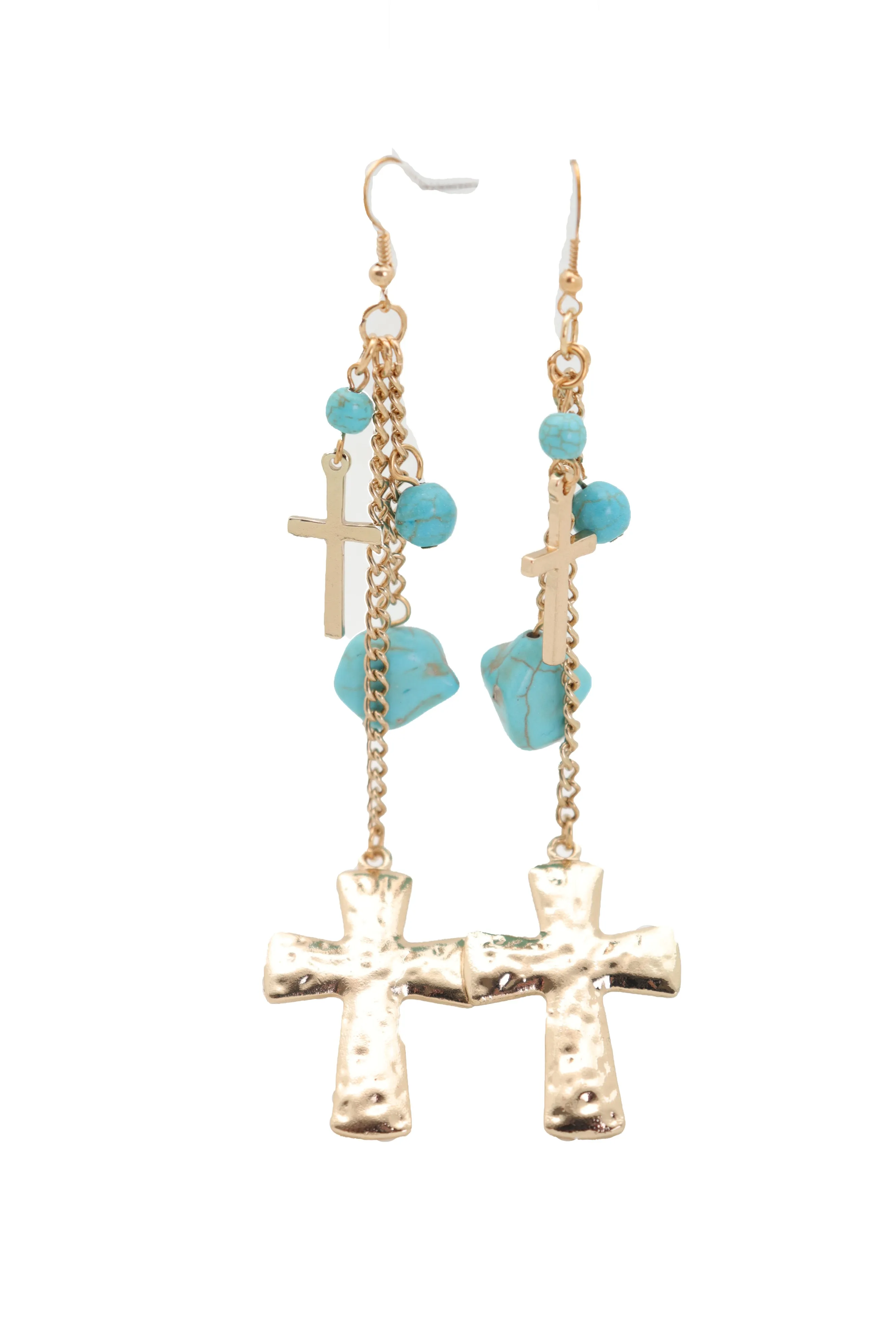 Gold Metal Chain Dangle Earrings Set Cross Turquoise Beads