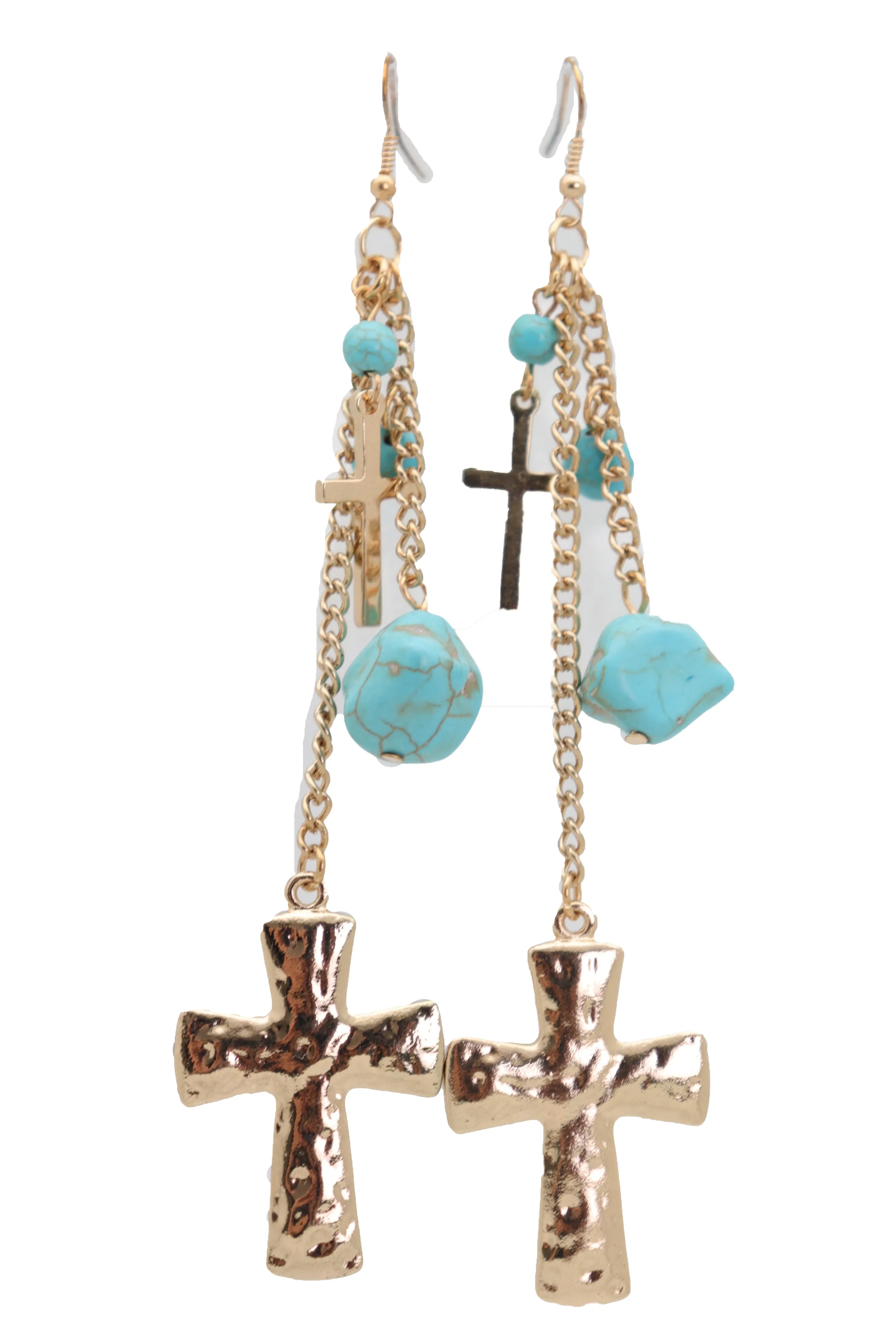 Gold Metal Chain Dangle Earrings Set Cross Turquoise Beads