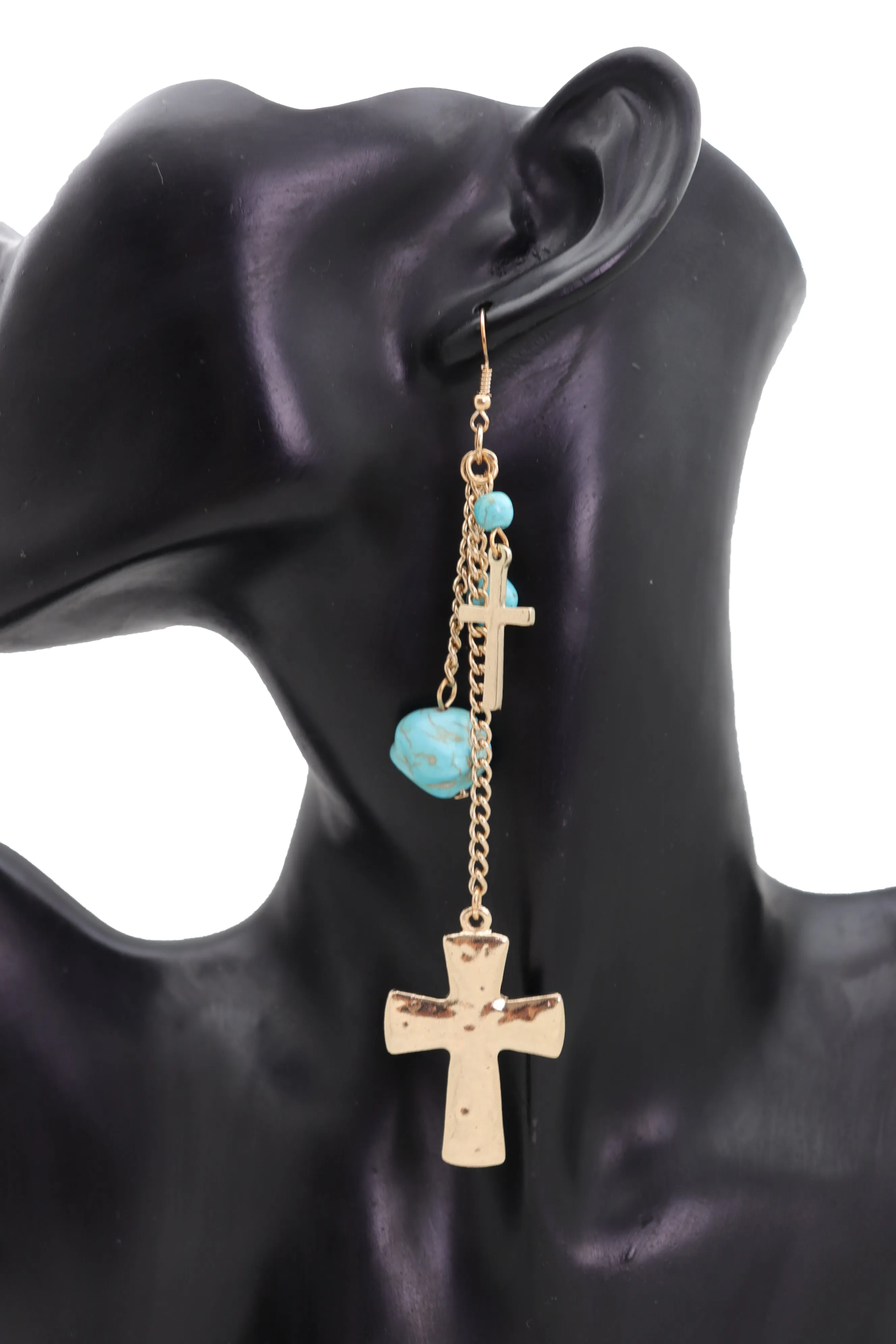 Gold Metal Chain Dangle Earrings Set Cross Turquoise Beads