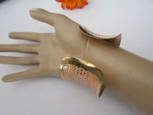 Gold Metal Cuff Wide Bracelet Pink Polka Dot Peach Colored Pattern