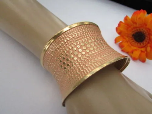 Gold Metal Cuff Wide Bracelet Pink Polka Dot Peach Colored Pattern