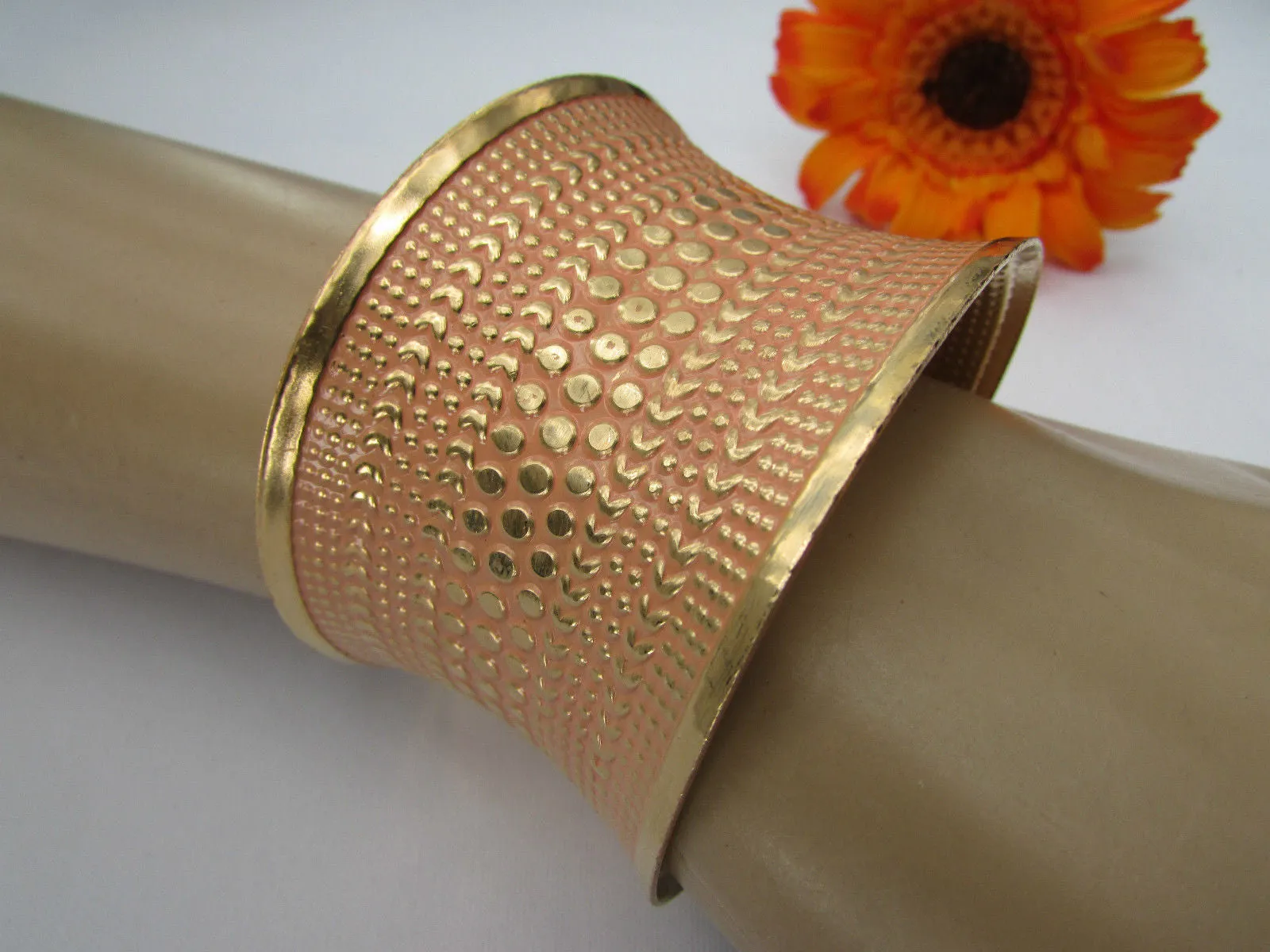 Gold Metal Cuff Wide Bracelet Pink Polka Dot Peach Colored Pattern