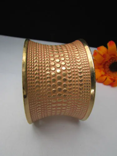 Gold Metal Cuff Wide Bracelet Pink Polka Dot Peach Colored Pattern