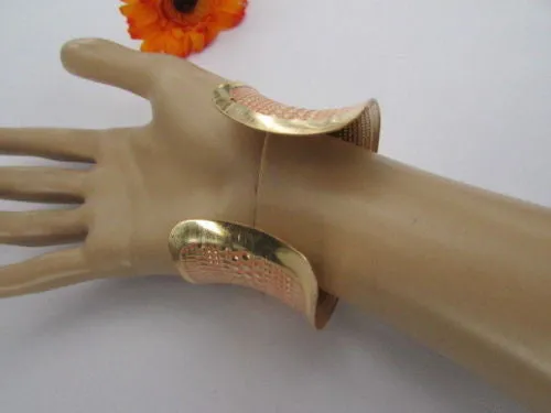 Gold Metal Cuff Wide Bracelet Pink Polka Dot Peach Colored Pattern