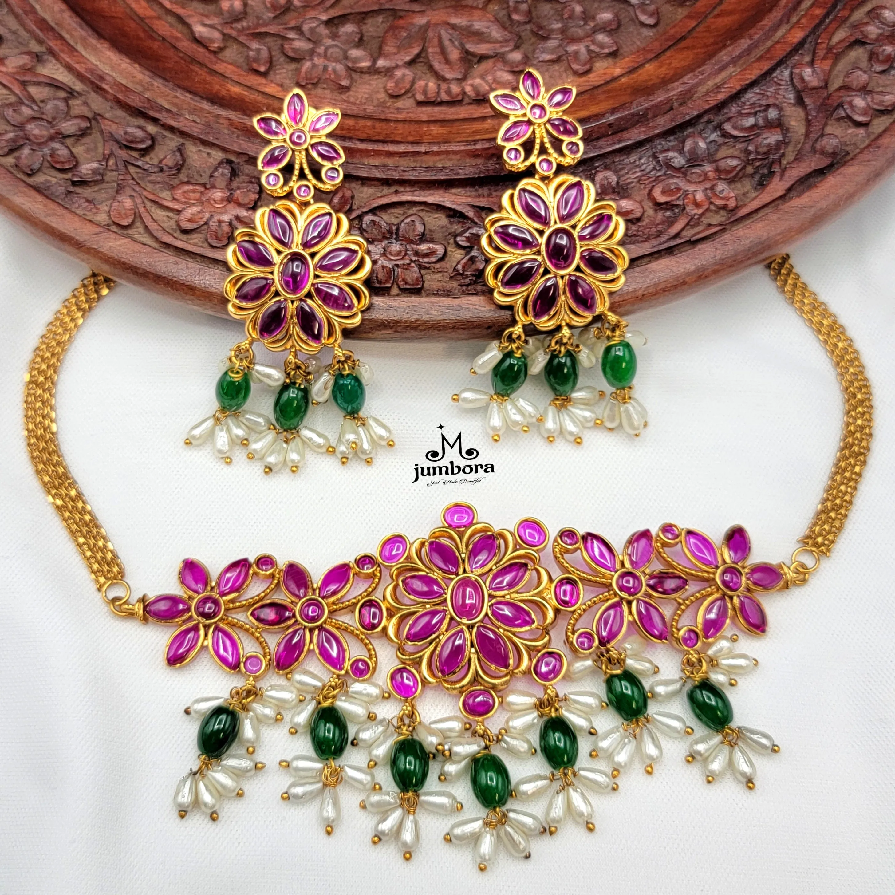 Guttapusalu Floral Green & Red  Kemp Necklace Choker Style Set