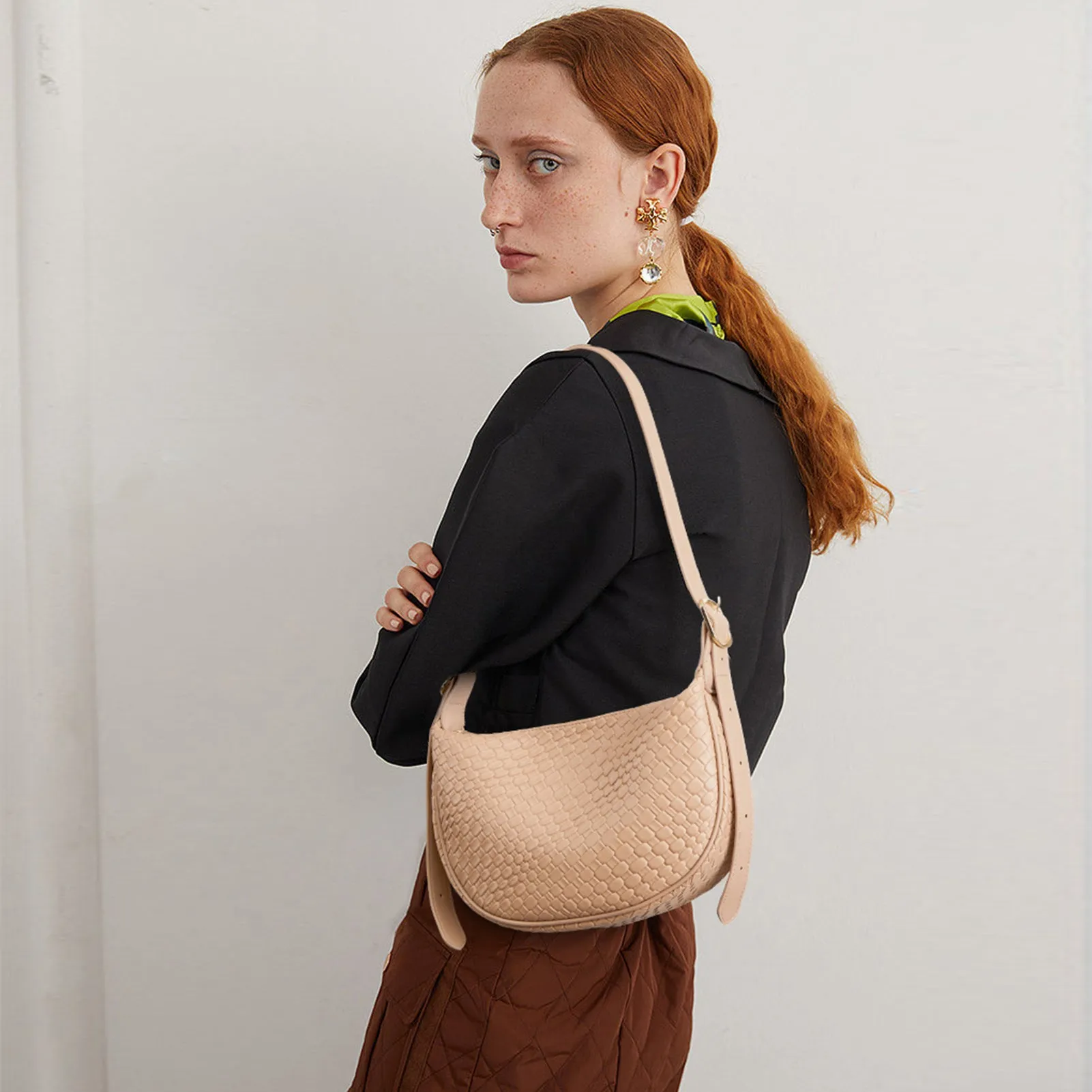 KWELI Woven Leather Half Moon Shoulder Bag