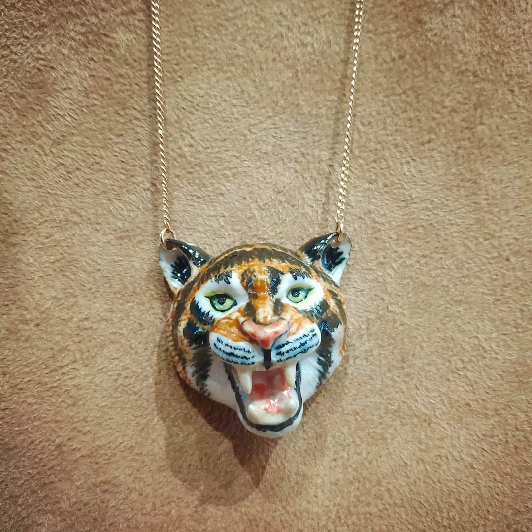 Large Roaring Tiger necklace by And Mary in porcelaine