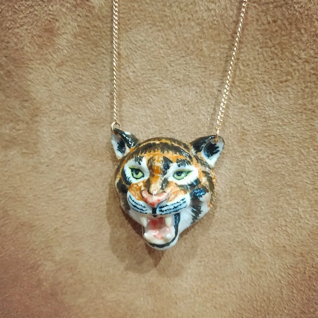 Large Roaring Tiger necklace by And Mary in porcelaine