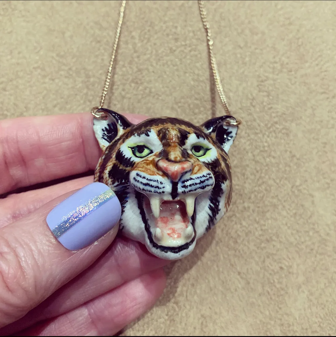 Large Roaring Tiger necklace by And Mary in porcelaine