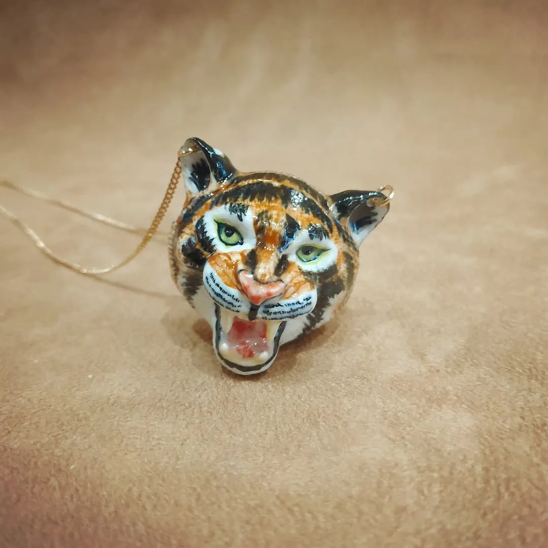 Large Roaring Tiger necklace by And Mary in porcelaine