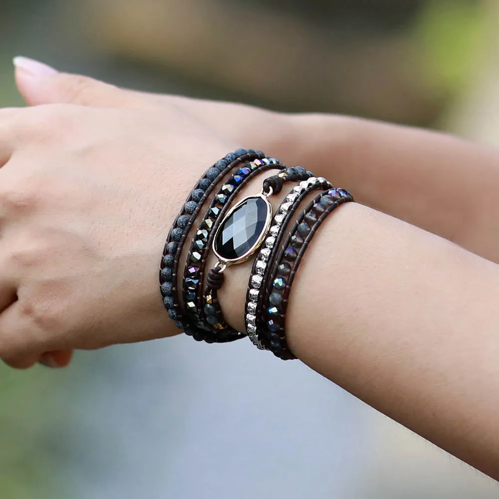 Leather Bracelet Black Onyx Stone Unique 5 Strands Wrap Bangles