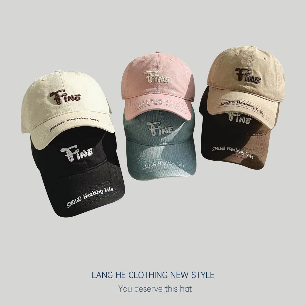 Letter washed trendy baseball cap for women, casual, all-match, face-showing, small soft-top peaked cap, summer sun hat